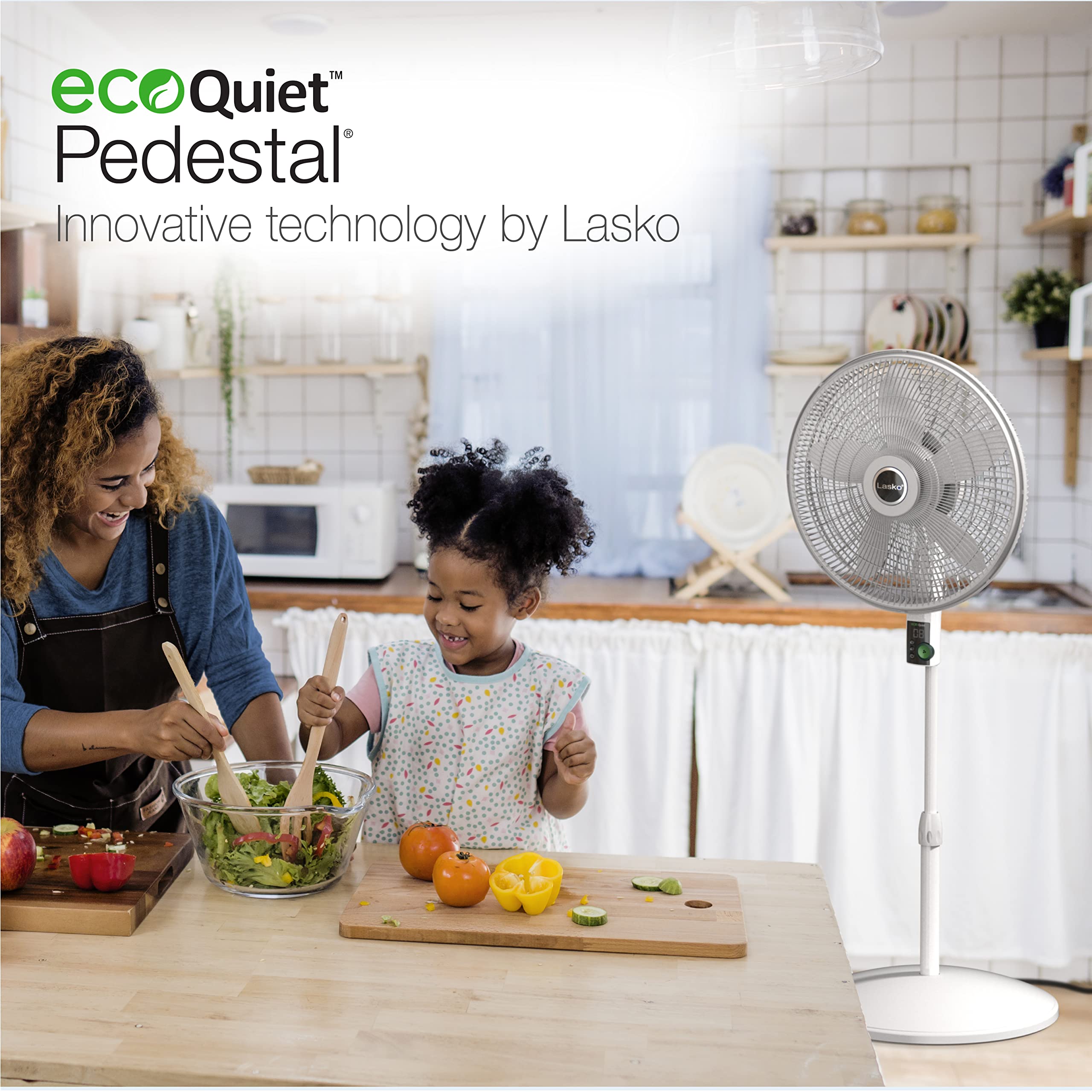 Lasko EcoQuiet Oscillating Pedestal Fan with Whisper Quiet DC Motor - 12 Speed Settings, 8 Hour Timer, Adjustable Height & Remote Control - White Large (Model S18705) for Bedroom, Living Room & Office Cooling