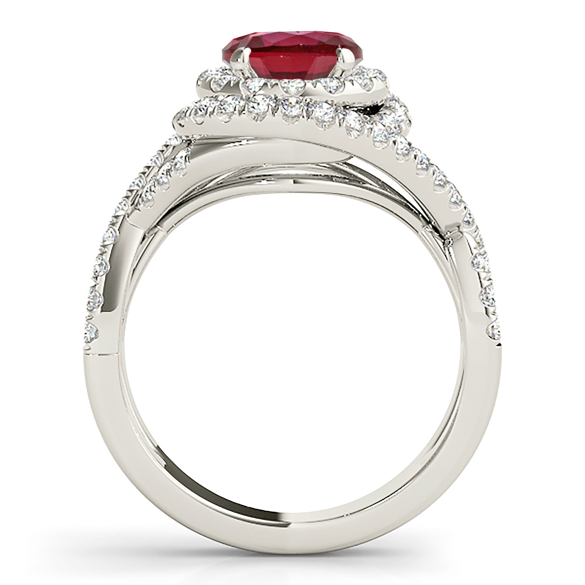 1.35 Carat Genuine Ruby Ring with Wrap Around Halo & Twisted Diamond Band - Elegant Engagement, Anniversary Gift for Women