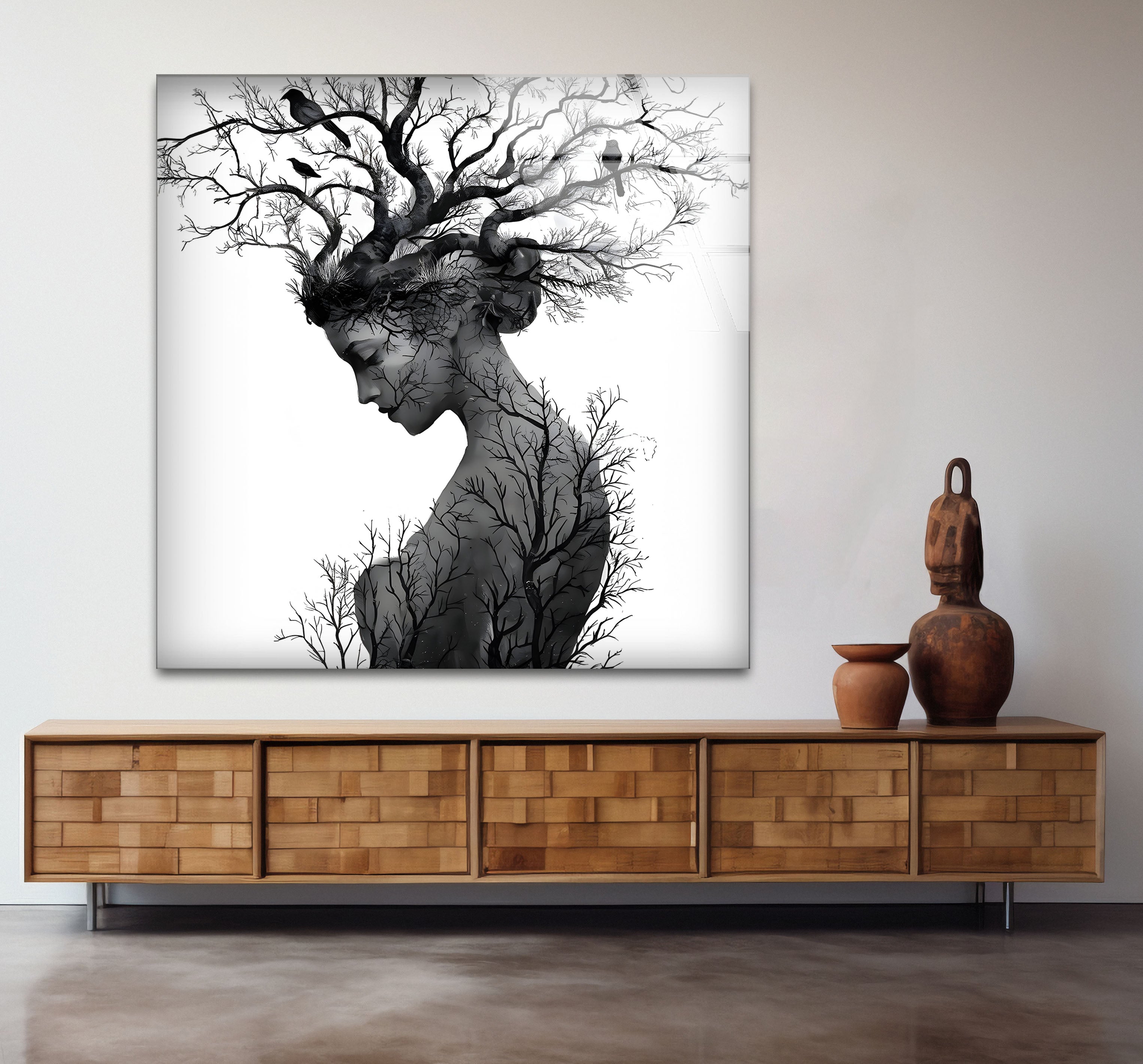 Black and White Mother Nature Glass Wall Art - Elegant Nature-Inspired Home Decor for Living Room, Bedroom & Office