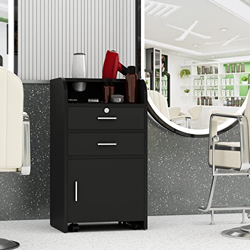Professional Barber Station Storage Cabinet with 2 Drawers & Lockable Wheels - Hair Styling Station with 2 Hair Dryer Holders - Black - Perfect for Salon, Barbershop & Home Hair Care Setup