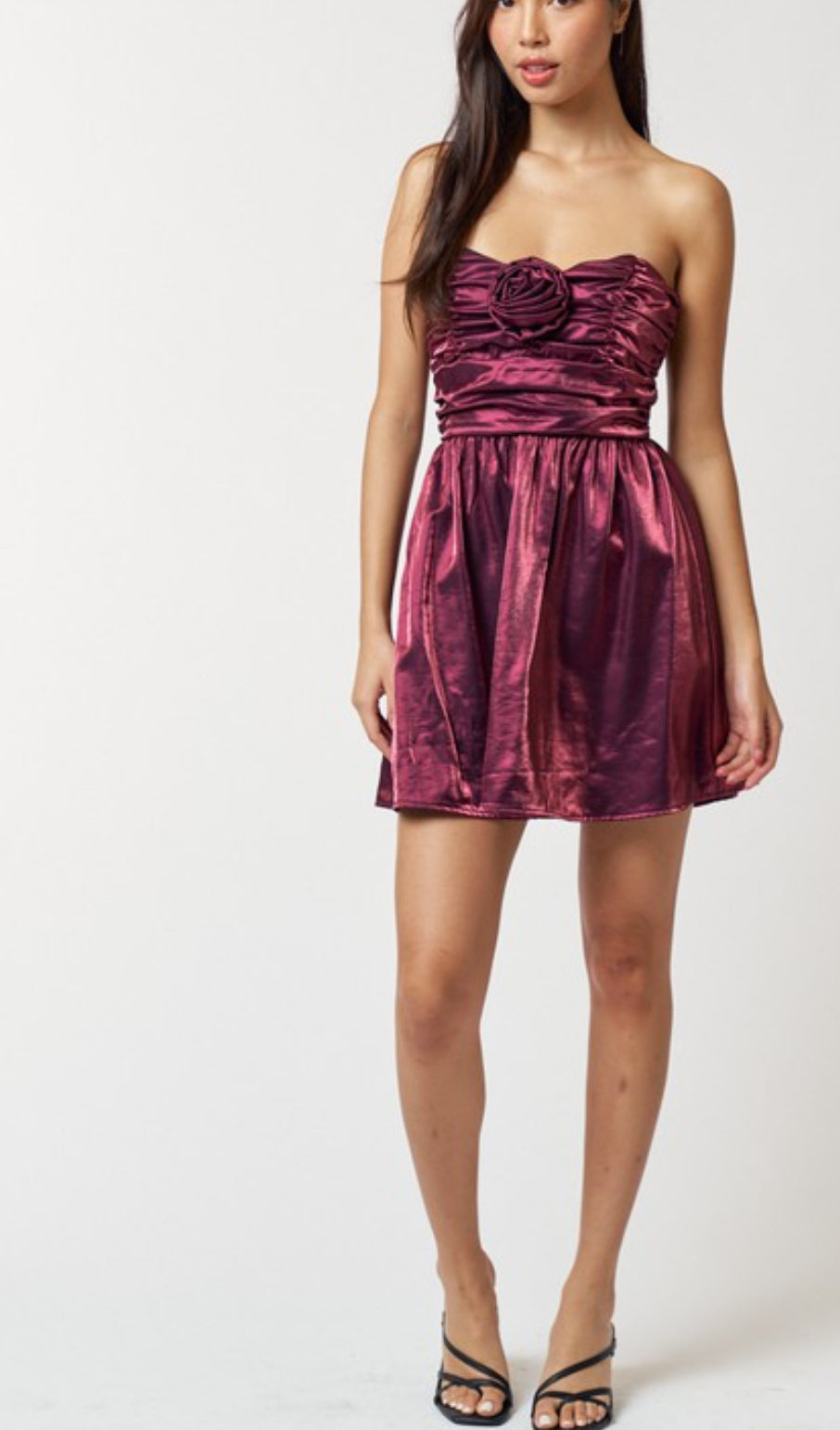 Sweetheart Neckline Flare Tube Mini Dress with Rosette Trim - Burgundy & Black - Perfect for Date Nights, Parties, and Special Occasions