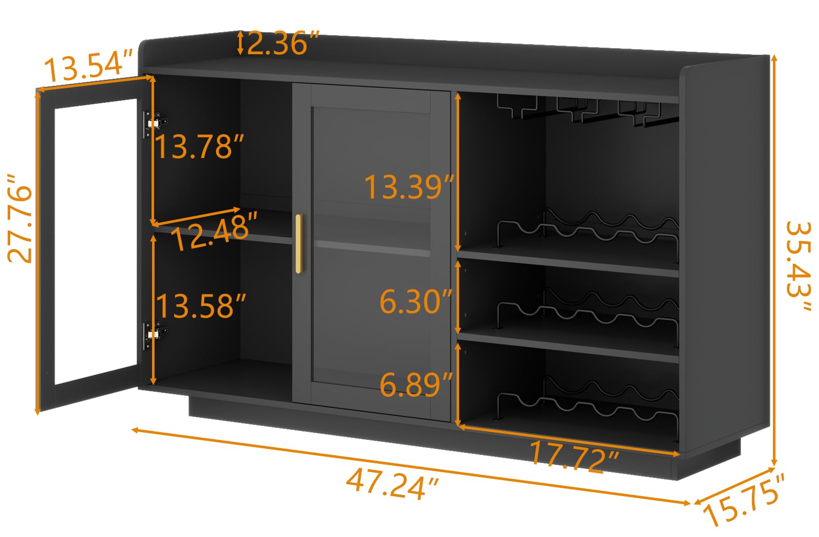 Modern Floating Wine Bar Cabinet with LED Lights - Glass Rack & Removable Wine Racks - Kitchen Buffet Sideboard with Storage Shelves & Glass Doors - Perfect for Home Bar, Dining Room, or Kitchen Counter Organization - Black