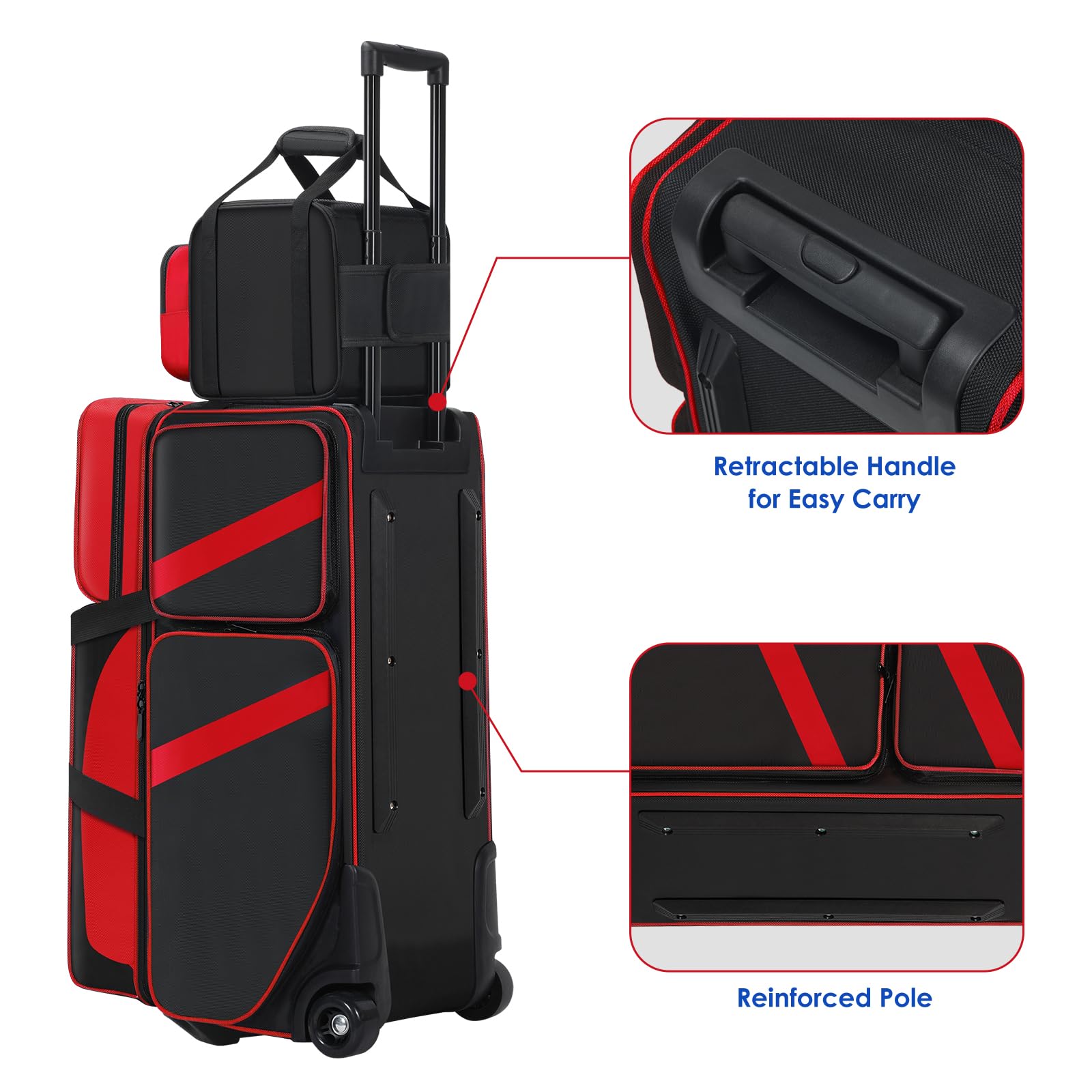 **4 Ball Bowling Roller Bag with Wheels & Retractable Handle - Multi-Pocket Design, Shoe Compartment & Color-Matching Tote - Perfect for League Play, Tournaments & Travel**