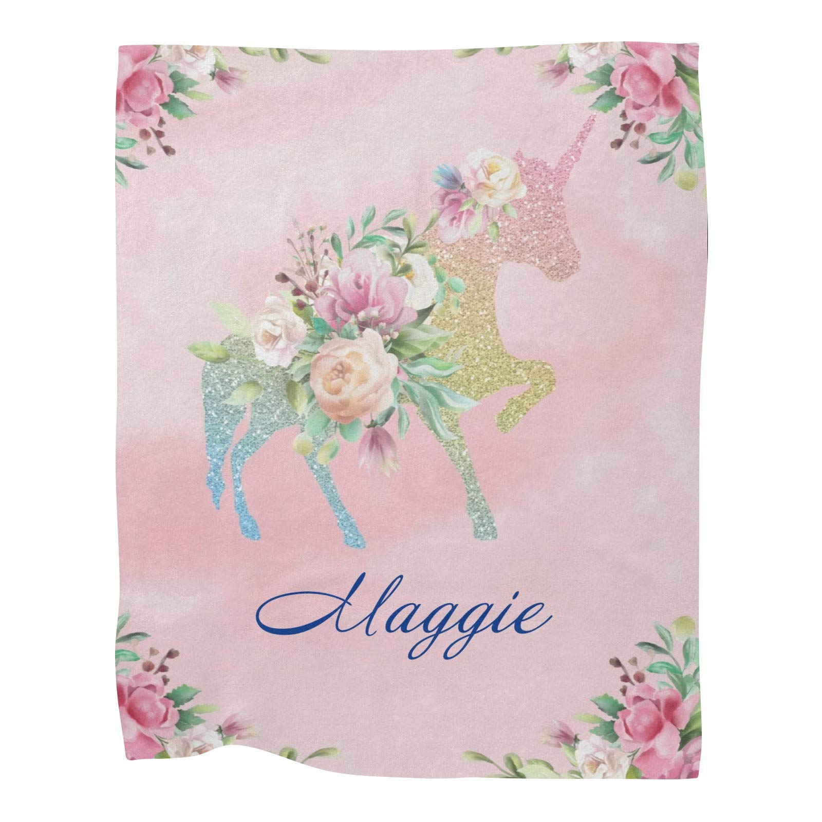 Custom Personalized Pink Floral Golden Unicorn Baby Blanket with Name - Soft Fleece Nursery Throw Blanket for Boys & Girls - 30