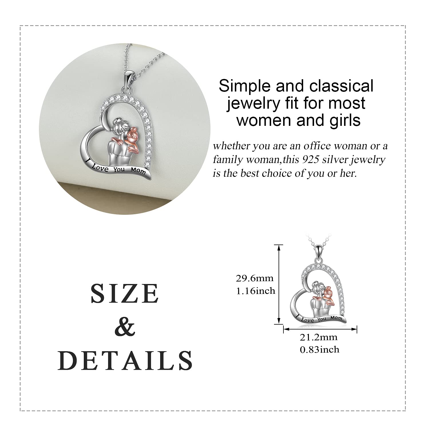 YAFEINI 925 Sterling Silver Mother Daughter Heart Necklace Pendant for Women - 18