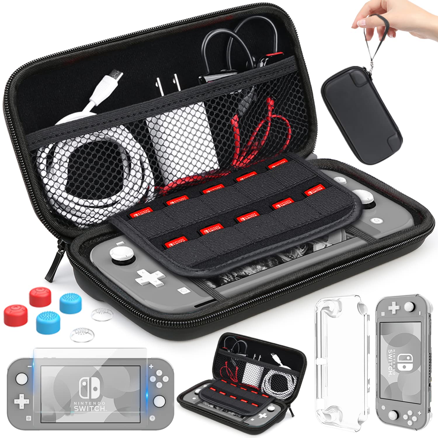 Premium Nintendo Switch Lite Case with HD Screen Protector - 8 Game Card Holder, Thumb Grip Caps - Shockproof Protective Cover for Travel & Gaming - Portable Carrying Case (Black Edition) - Perfect for Commuting, Travel & On-the-Go Gaming Protection