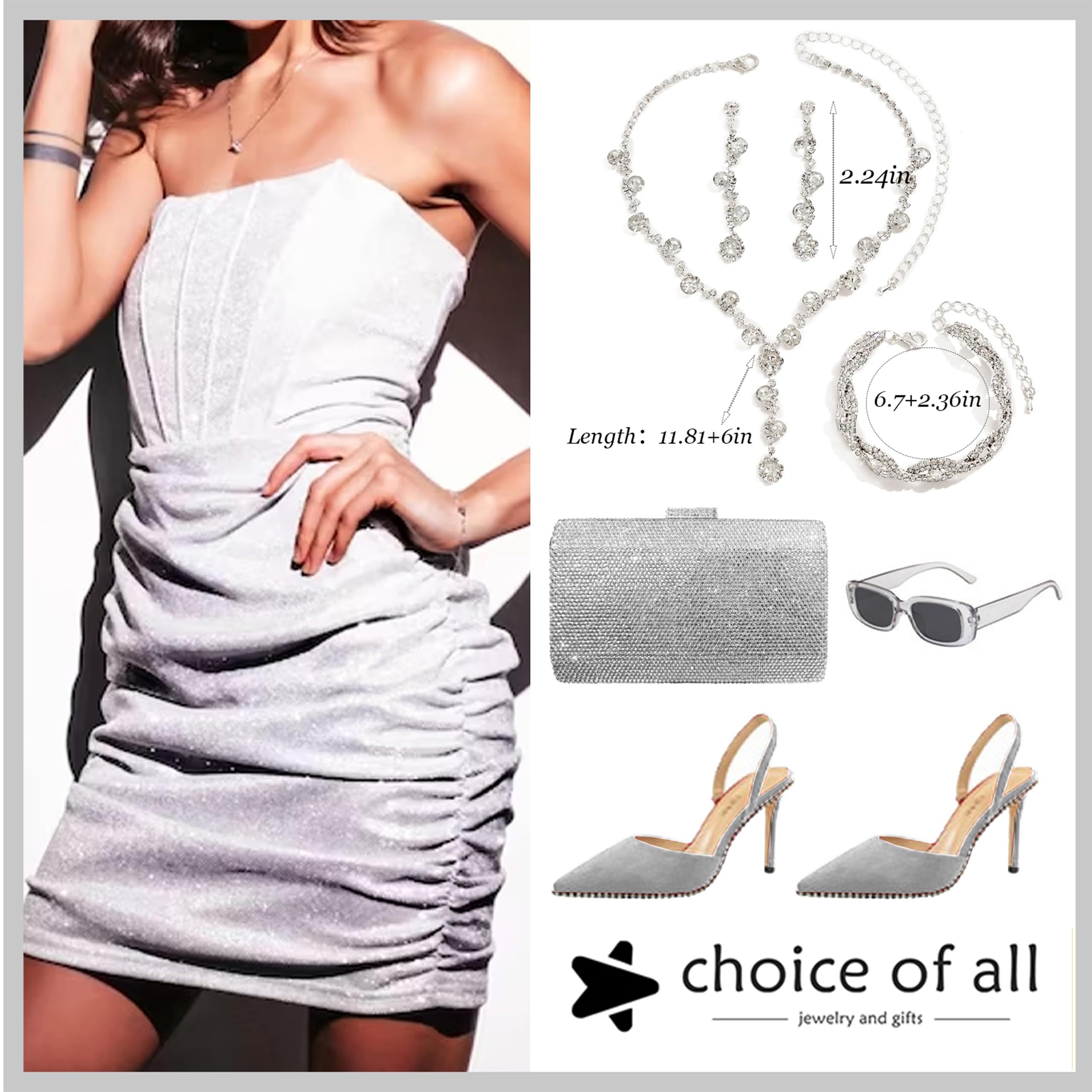 Elegant Silver Rhinestone Wedding Jewelry Set for Brides & Bridesmaids - Necklace, Earrings & Bracelet Set | Formal Costume Jewelry for Women | Perfect for Weddings, Proms & Special Occasions