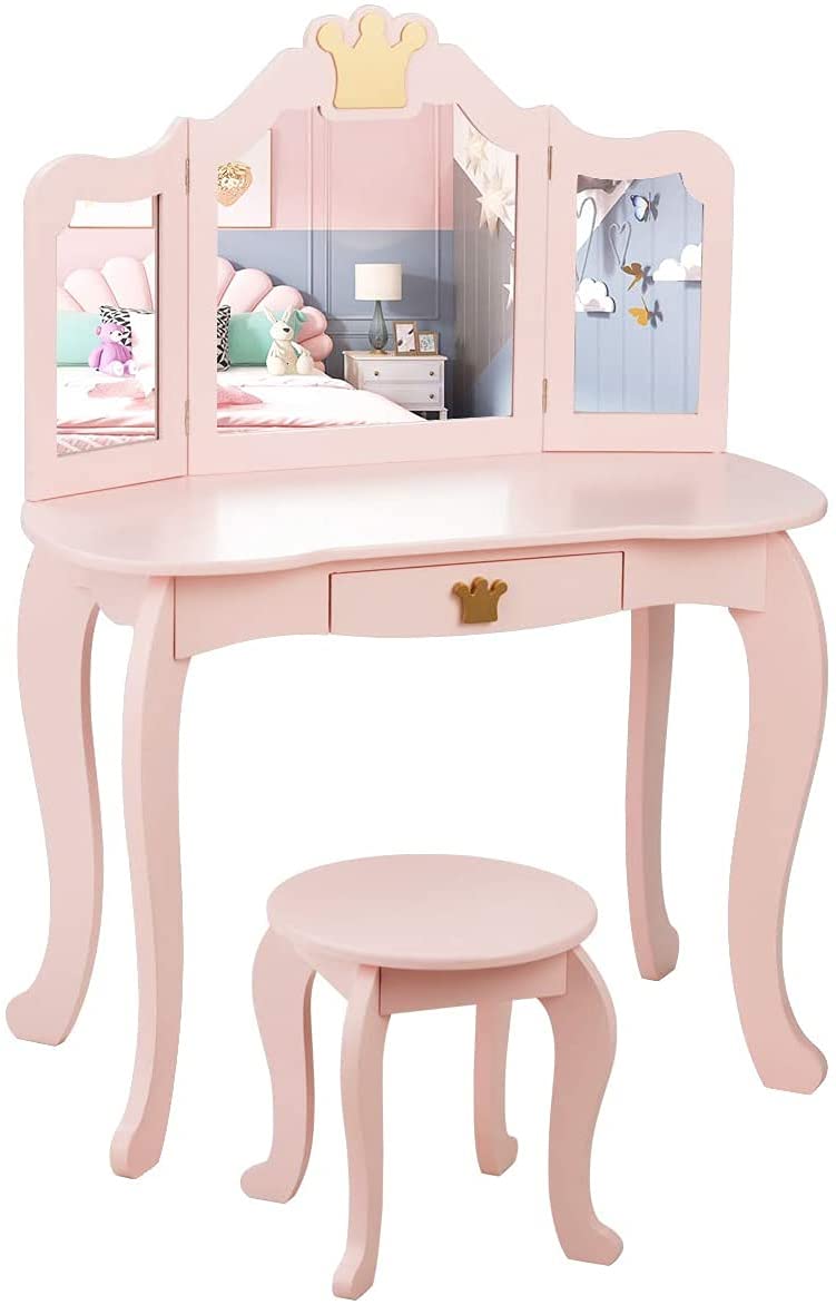 Princess Makeup Vanity Set with Mirror & Chair for Girls - Pretend Play Beauty Dressing Table (Pink) - Perfect for Bedroom Playroom