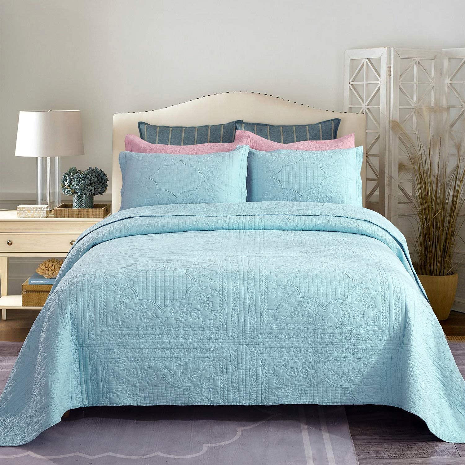 Brandream Luxury Farmhouse Bedding Set - Vintage Chic Cotton Quilt Set, Blue Queen/Full Size (90x98 Inches) - Soft Bedspread Coverlet for Cozy Bedroom Decor, Perfect for Guest Rooms & Master Suites