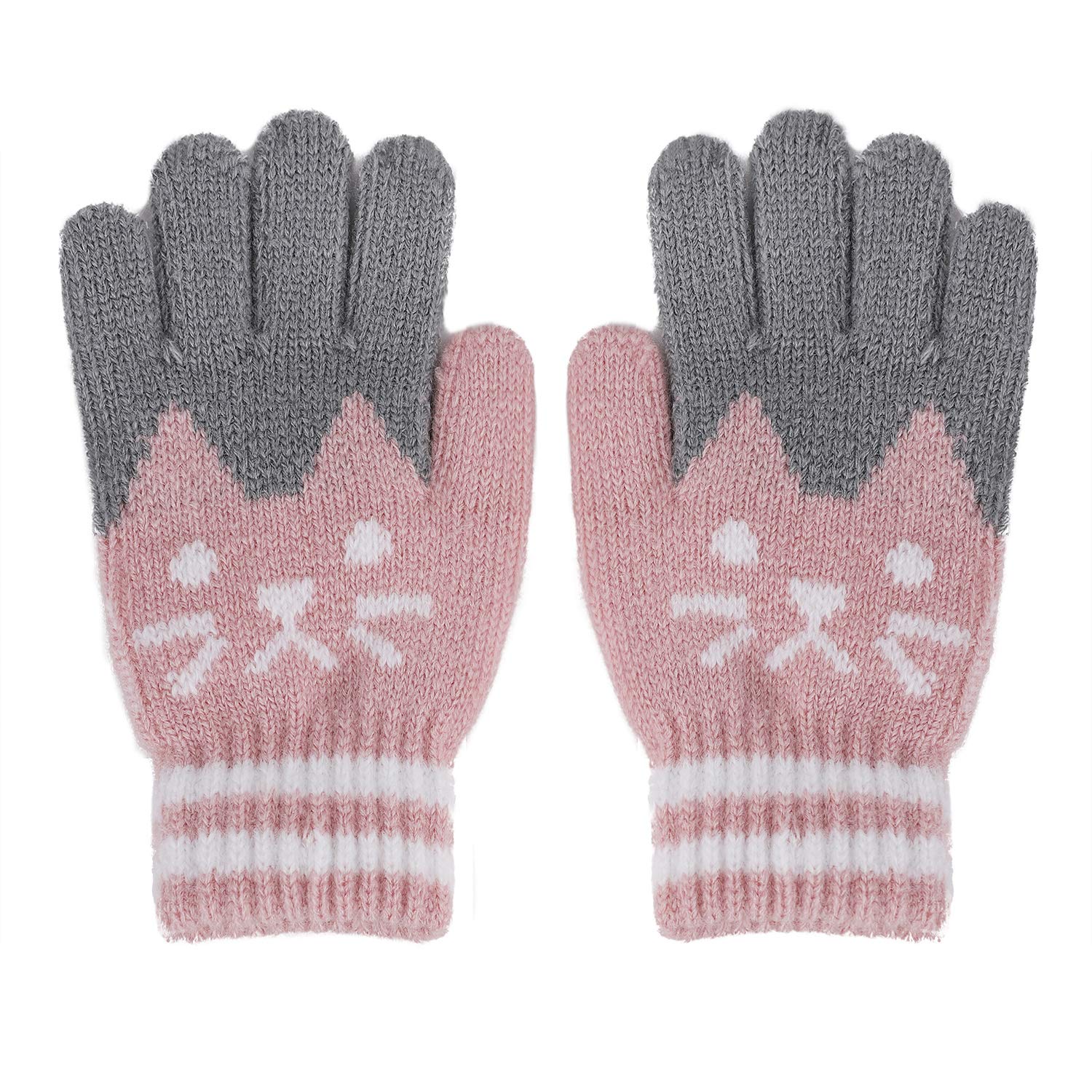 Warm Winter Snow Ski Gloves for Kids - Soft Animal Cat Bear Design Full Finger Knit Mittens - Perfect for Skiing, Snowboarding & Christmas Gifts
