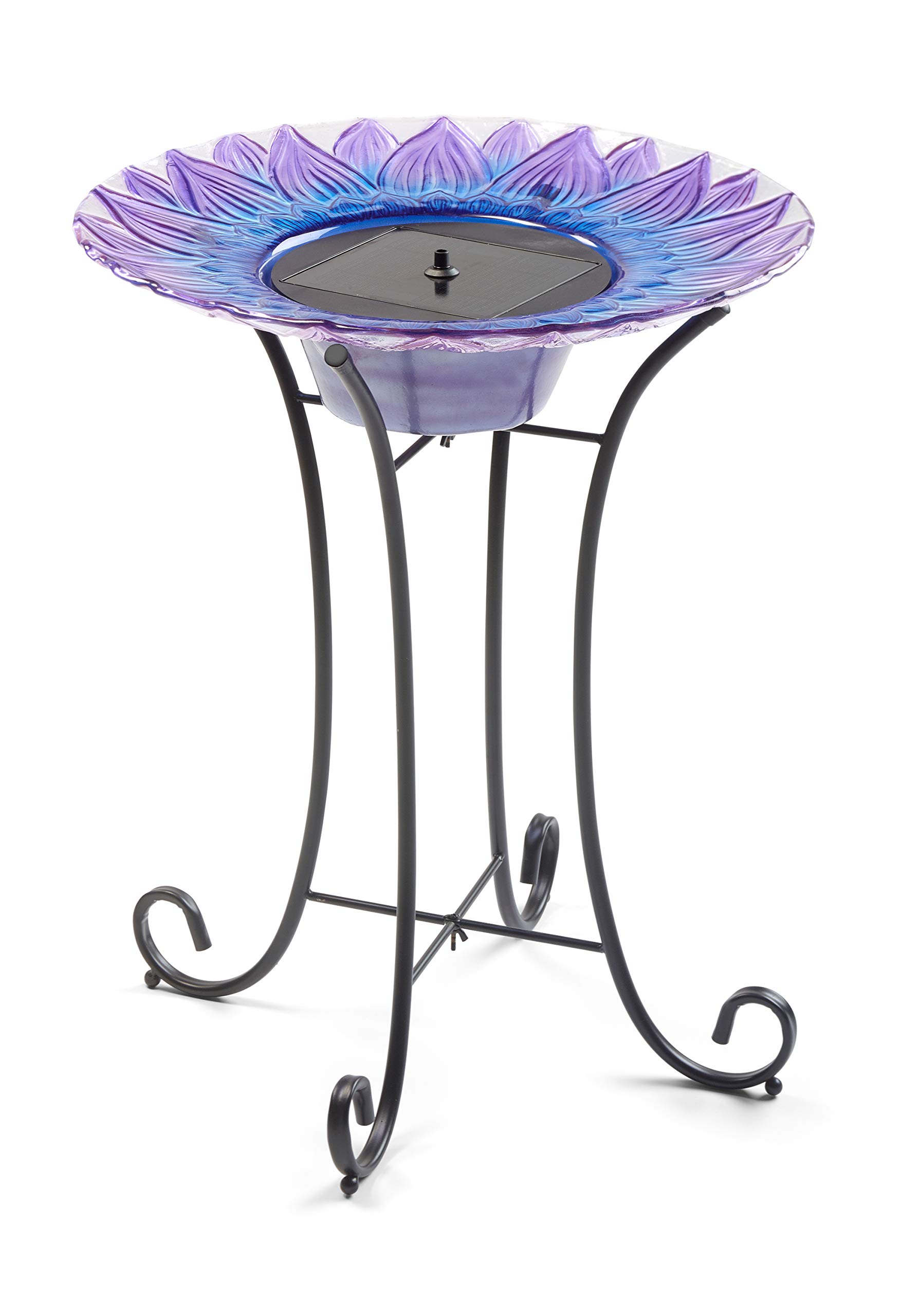 Smart Solar-Powered Birdbath Fountain with Patented Solar Panel & Pump System - Hand-Painted Glass Flower Design on Metal Stand (Blue/Purple) - Perfect for Garden, Patio, Yard Decoration & Attracting Birds