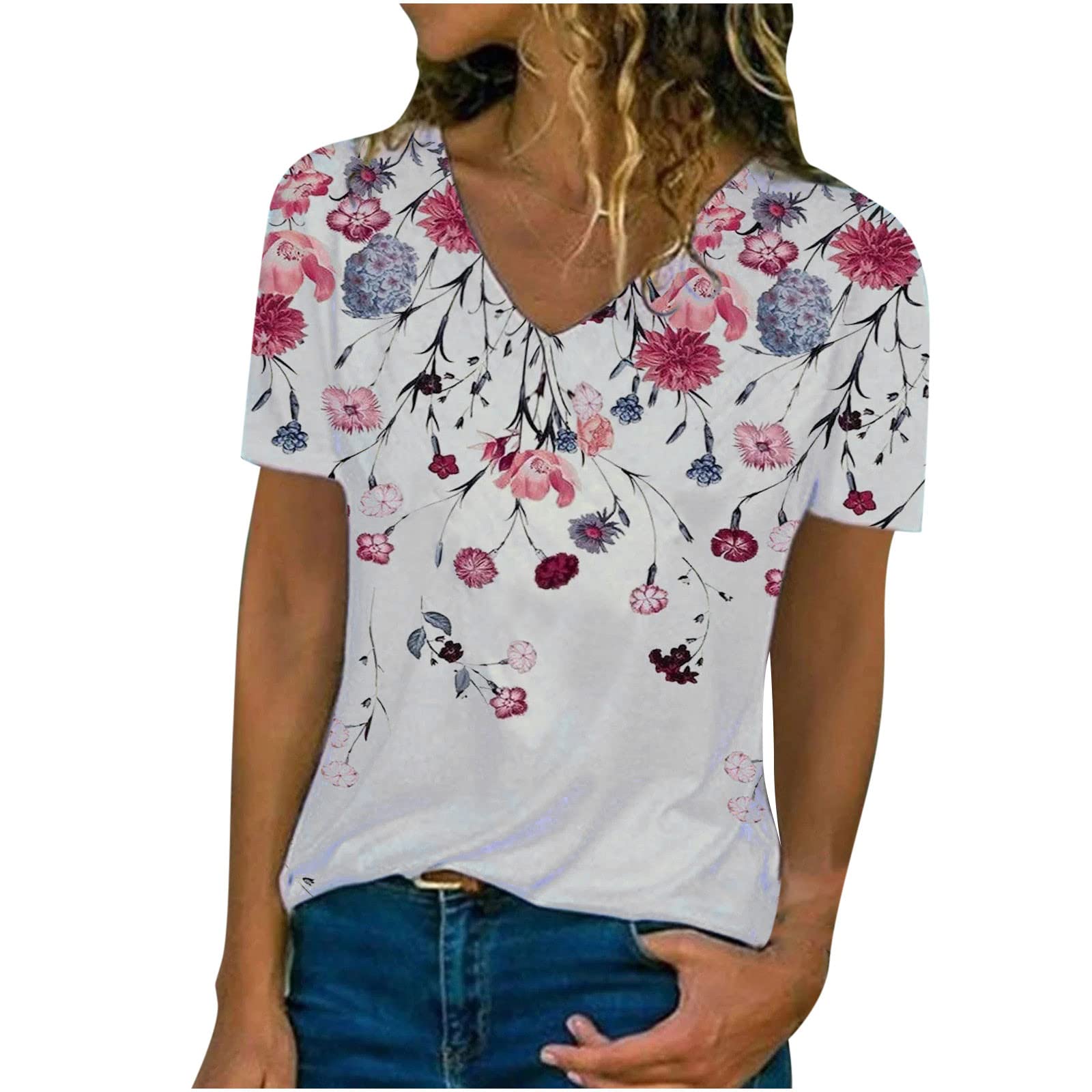 Women's Casual Short Sleeve Summer Floral Print V-Neck Pleated Tunic Top - Loose Comfortable Blouse Tee Shirt for Everyday Wear, Office & Vacation Outfits