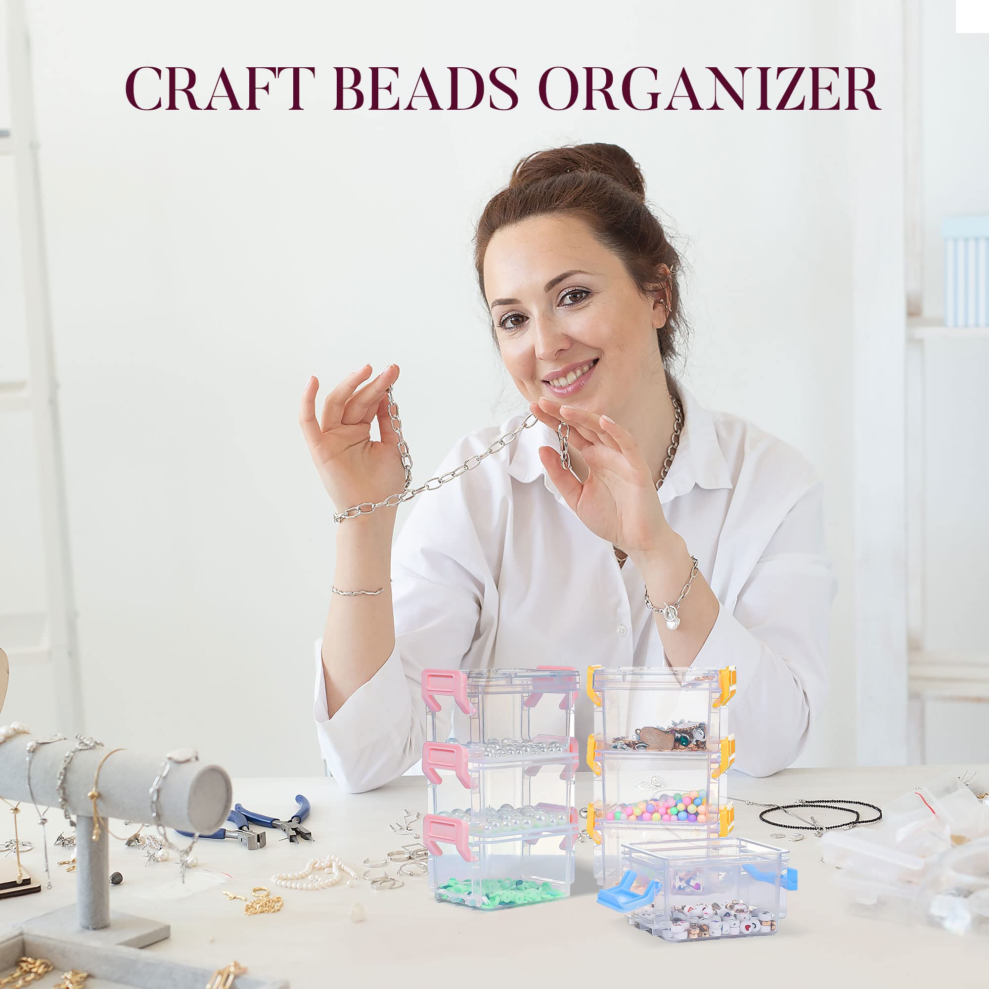 6 Pack Small Plastic Storage Bins with Lids - Colorful Stackable Bead Organizer Containers for Crafts, Jewelry & Small Items - Green & Pink - Perfect for Craft Rooms, Office & Home Organization