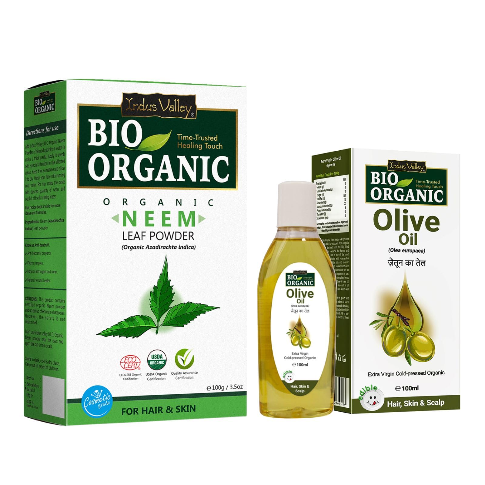 Organic Neem Leaf Powder by INDUS VALLEY | 100% Pure Azadirachta Indica for Skin & Hair Care - Natural Remedy for Acne, Dandruff & Scalp Health with Extra Virgin Olive Oil (100g + 100ml) - Perfect for DIY Face Masks, Hair Treatments & Ayurvedic Massage