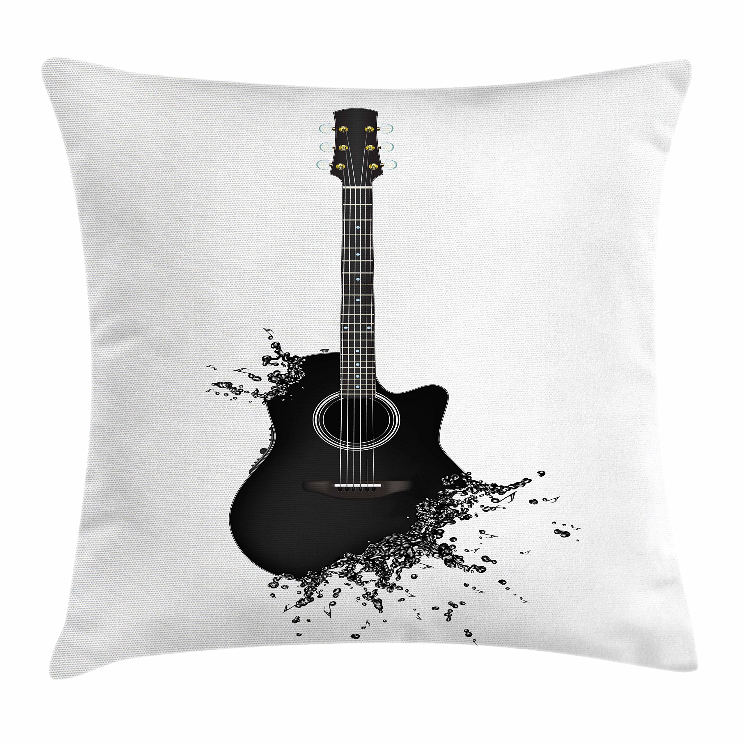 Ambesonne Guitar Throw Pillow Cover 16x16 Inches - Black and White Monochrome Acoustic Instrument Design with String Details - Stylish Square Decorative Cushion Case for Living Room, Bedroom, or Music Lover's Home Decor