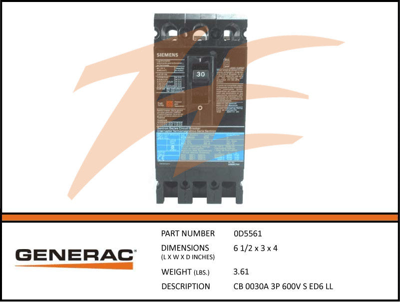 Generac 0D5561 30A 600V 3-Phase Circuit Breaker - Heavy Duty Electrical Protection for Industrial Equipment, Commercial Buildings & Power Distribution Systems