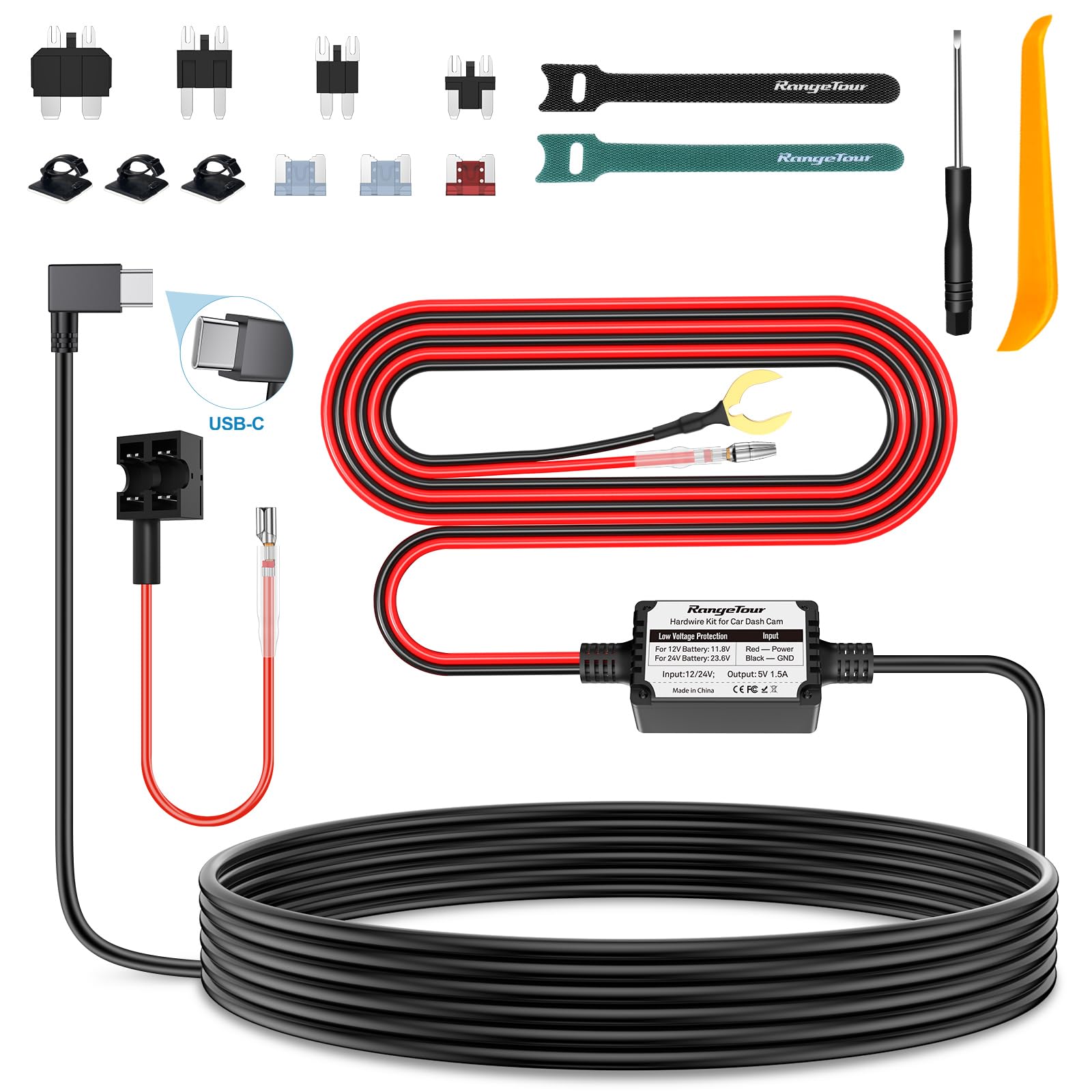 Premium USB-C Hardwire Kit for Dash Cam - 12V/24V to 5V 2.5A Power Cord with 4 Adapters & 3 Fuses - 4m Car Charger Cable for Dashcam, GPS & Car Electronics - Perfect for Continuous Recording & Parking Mode