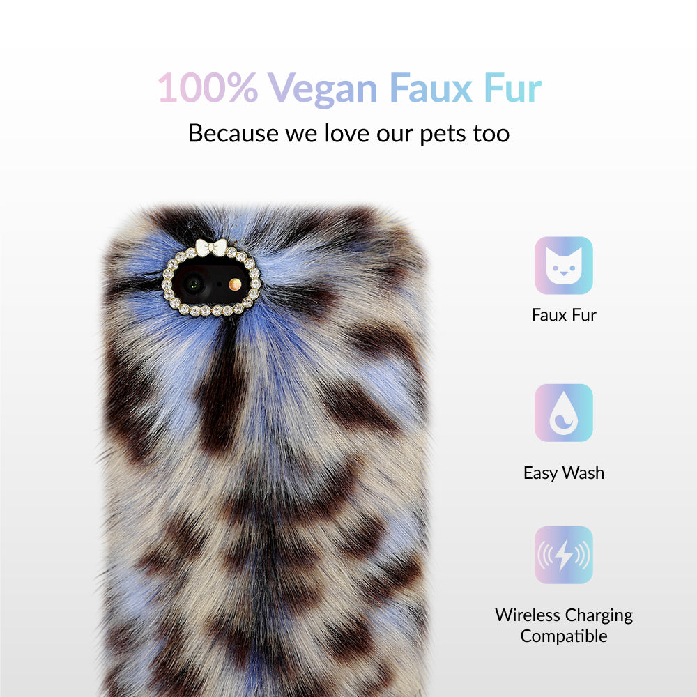 Stylish Blue Leopard Faux Fur iPhone Case - Soft Protective Cover for iPhone 13/14/15 Pro Max - Trendy Fashion Accessory for Women & Girls - Perfect for Daily Use, Parties & Photo Shoots