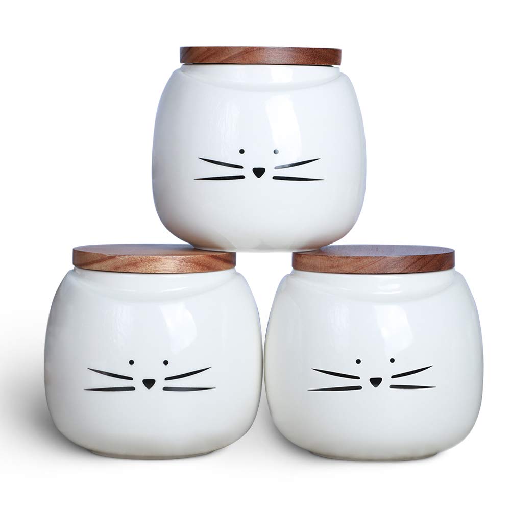 Premium Ceramic Cat Canister Set - 3-Piece White Round Kitchen Storage Containers with Bamboo Lids for Coffee, Tea & Sugar | Perfect for Pantry Organization & Home Decor Gift Idea