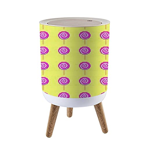 Colorful Spiral Lollipop Round Trash Can with Press Lid - 7L/1.8 Gallon Small Garbage Bin with Wooden Legs, Dog-Proof Wastebasket - Perfect for Kitchen, Bathroom, Office, and Pet-Friendly Homes