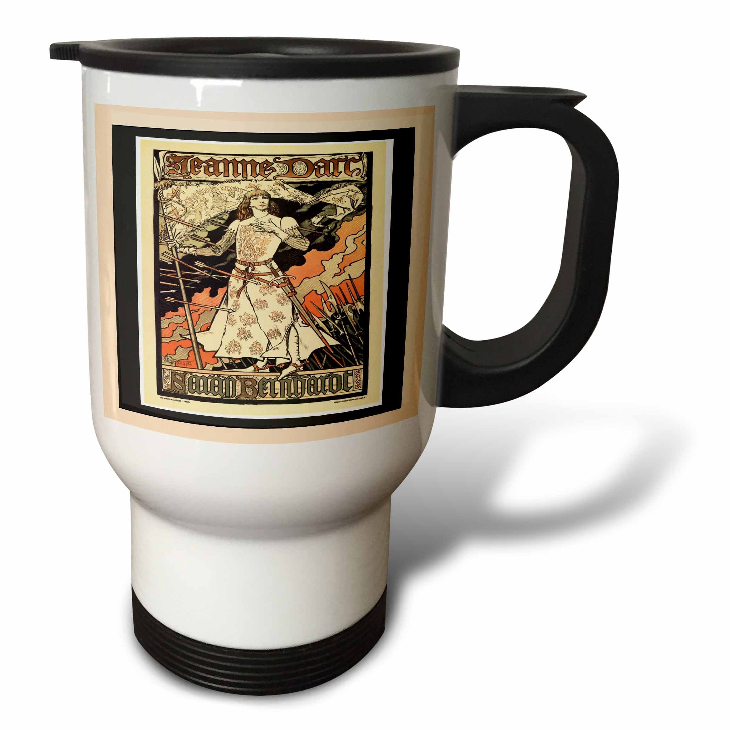 3D Rose Joan of Arc Art Nouveau Travel Mug - 14oz Stainless Steel Insulated Coffee Cup with Peach & Black Frame Design | Perfect for Office, Commute & Gifts
