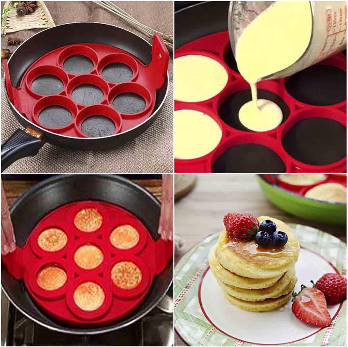 Flip N Cook Silicone Pancake Mold - Non-Stick Round Pancake Maker for Perfect Fluffy Pancakes - Easy to Use & Clean - Ideal for Breakfast, Brunch & Kids Cooking (Red)