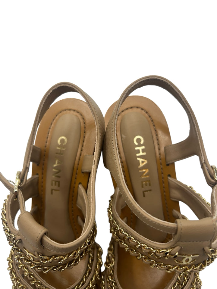 Chanel CC Lambskin Multi Chain Wedge Sandals for Women | Size 36 (US 6) | Luxury Designer Heels for Parties, Weddings & Evening Events