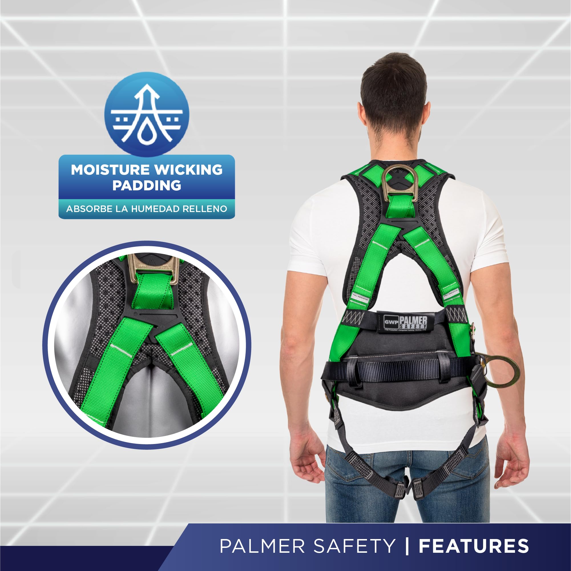 Palmer Safety Hammerhead 5-Point Safety Harness with Back Padding, QCB Chest Buckle, Tongue Buckle Leg Straps & D-Rings - OSHA Compliant Fall Protection for Construction, Roofing & Industrial Work