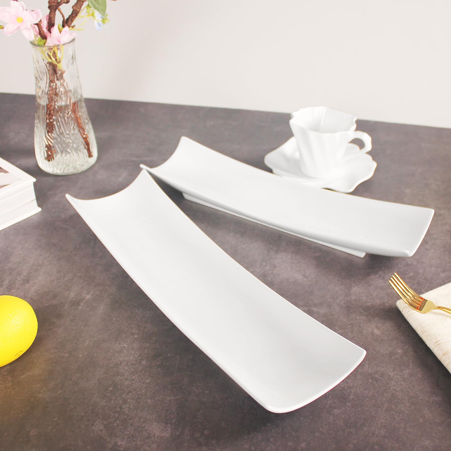White Porcelain Olive Canoe Plate Set of 4 – Large 14.6 Inch Chip-Resistant Ceramic Serving Tray for Snacks, Appetizers & Condiments – Dishwasher Safe – Perfect for Entertaining, Dinner Parties & Home Decor