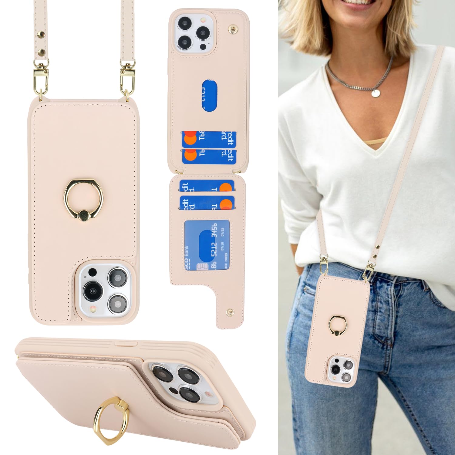 Premium iPhone 15 Pro Wallet Case with Card Holder & Crossbody Strap - 6.1 Inch Protective Phone Cover with Kickstand & Snap Clasp (Beige) | Perfect for Women's Everyday Use, Travel & Hands-Free Convenience