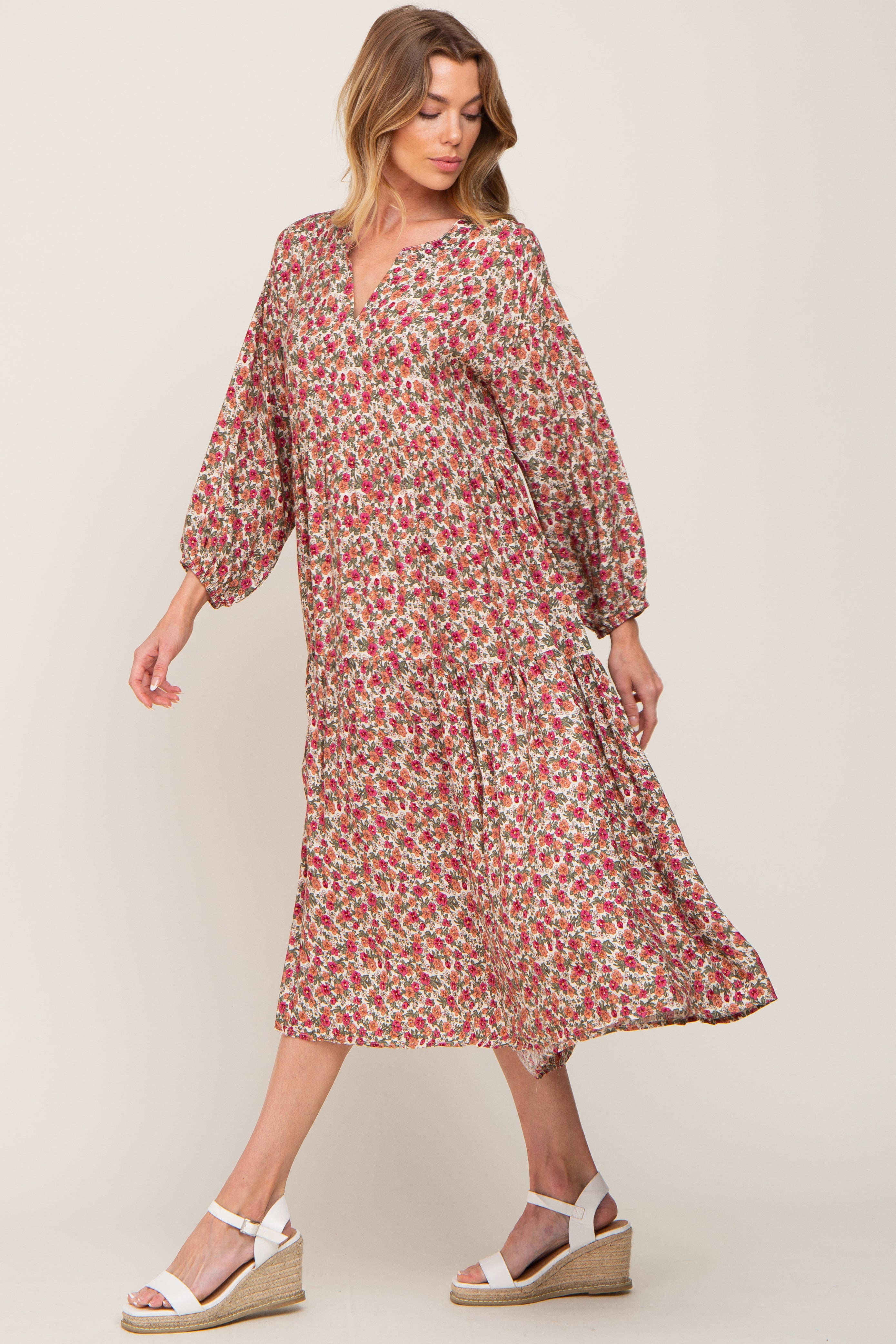 Beige Floral Tiered Midi Dress for Women - Elegant Summer Casual Dress with Pockets | Perfect for Brunch, Date Night & Beach Vacations