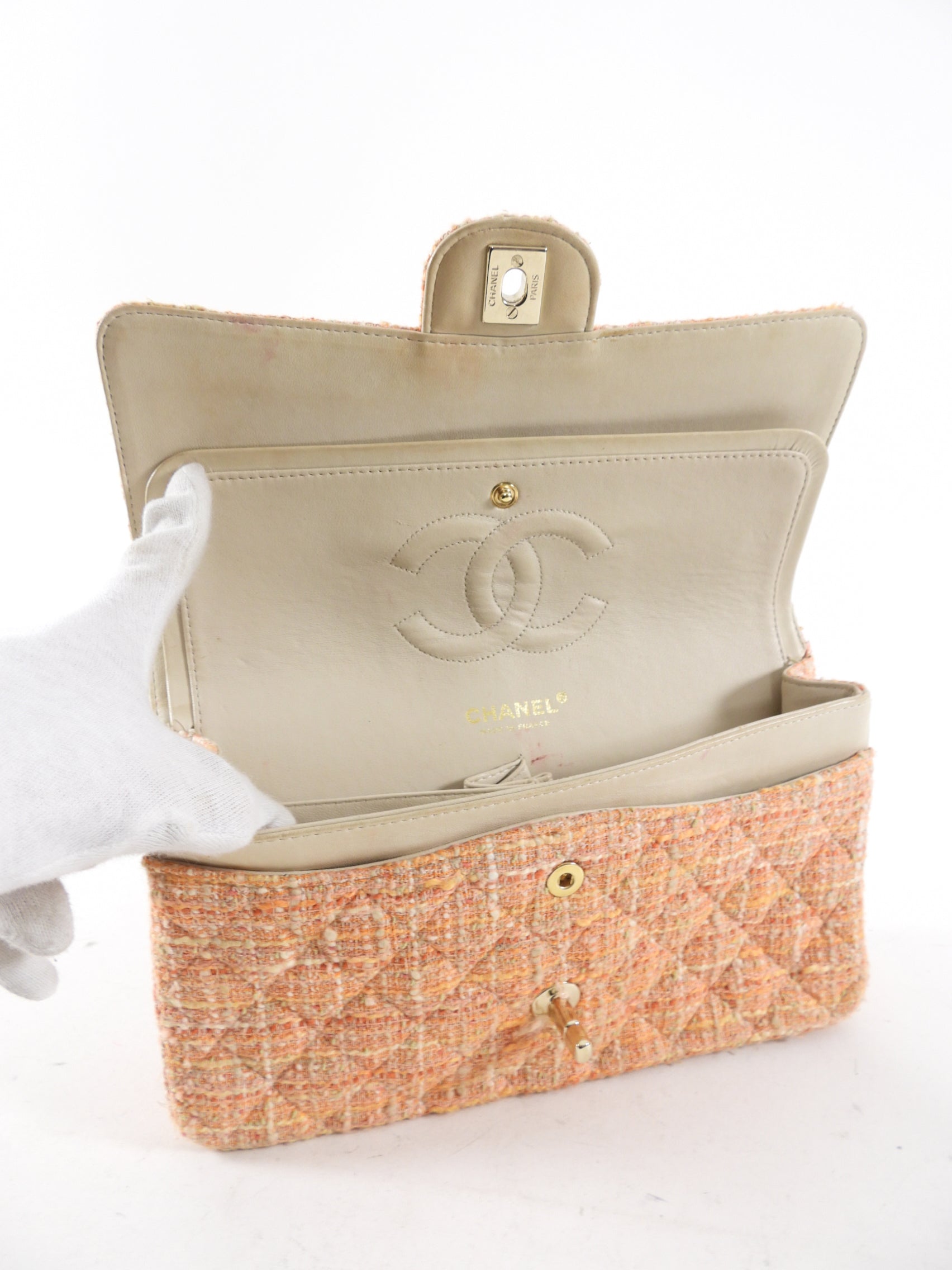 Chanel 2005 Peach Tweed Medium Classic Double Flap Bag - Vintage Designer Handbag for Women | Perfect for Parties, Weddings & Special Occasions