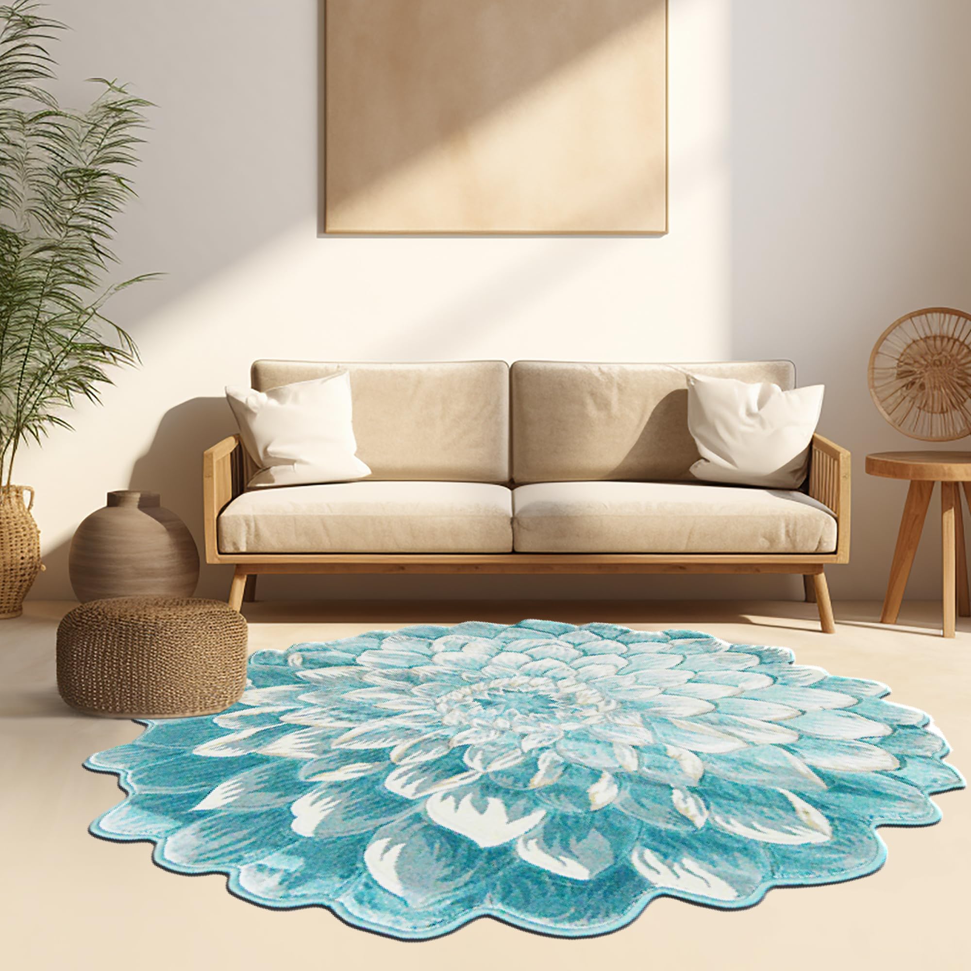 5ft Round Flower Shaped Area Rug - Soft Plush Circle Carpet for Bedroom, Living Room & Nursery - Cute Girly Home Decor in Sky Blue 303 - Perfect for Boho Chic, Kids Room & Cozy Spaces