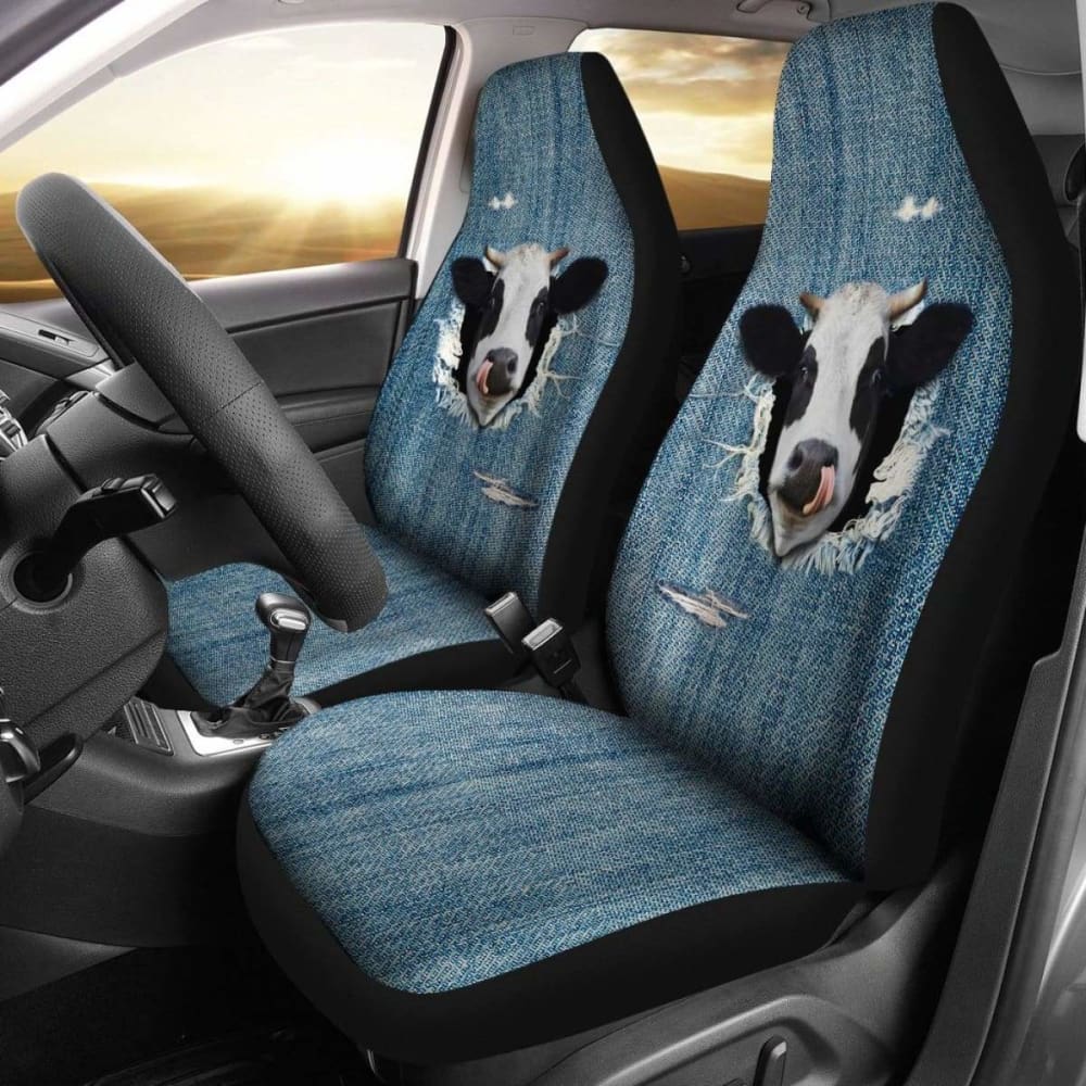 3D Cow Print Fake Denim Car Seat Covers - 2 Pack for Jeep, Truck & SUV - Waterproof & Universal Fit for Comfort & Style