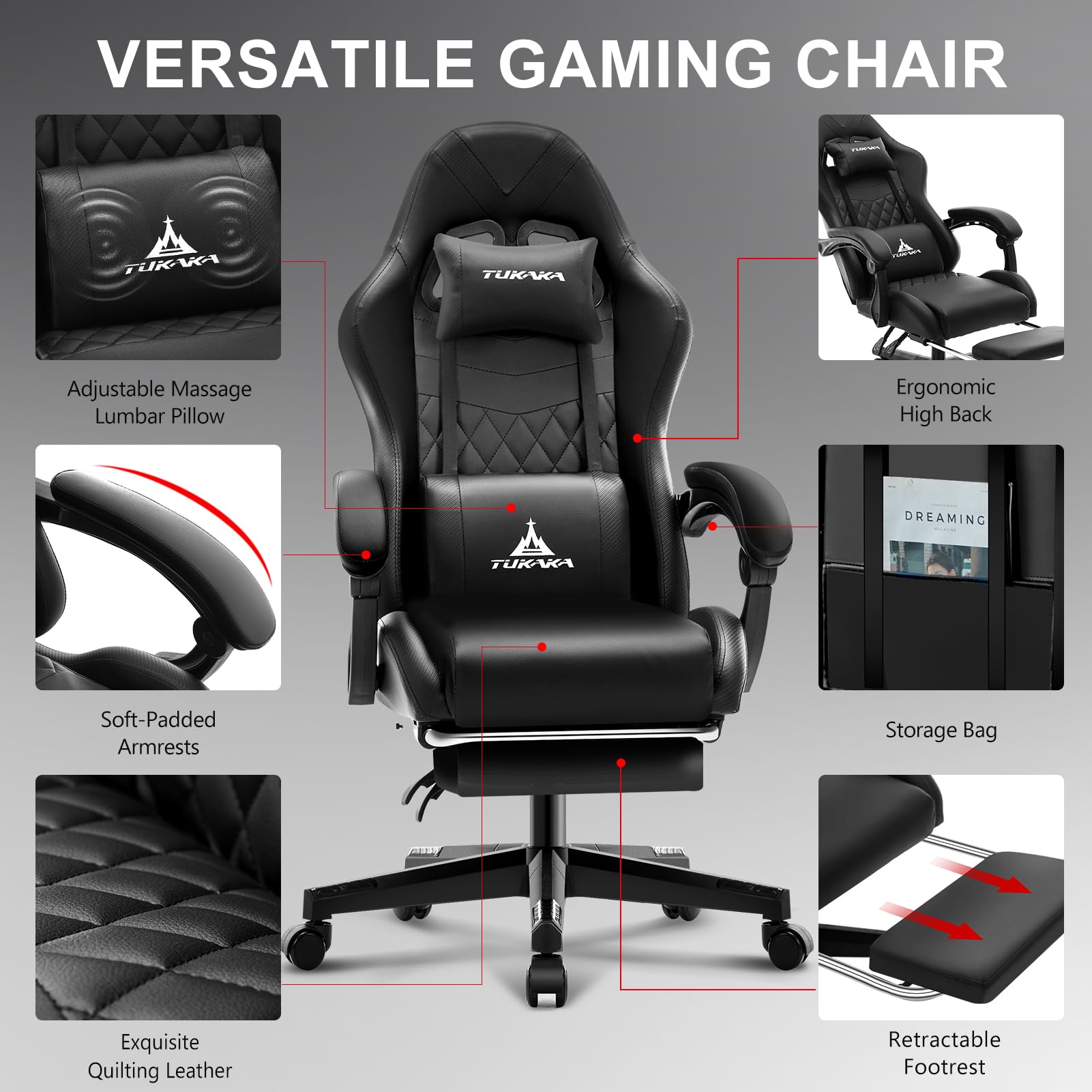 Premium Ergonomic Gaming Chair with Massage, Footrest & Adjustable Lumbar Support - Reclining Leather Office Desk Chair for PC Gamers - Perfect for Esports, Streaming & Long Work Sessions - Black