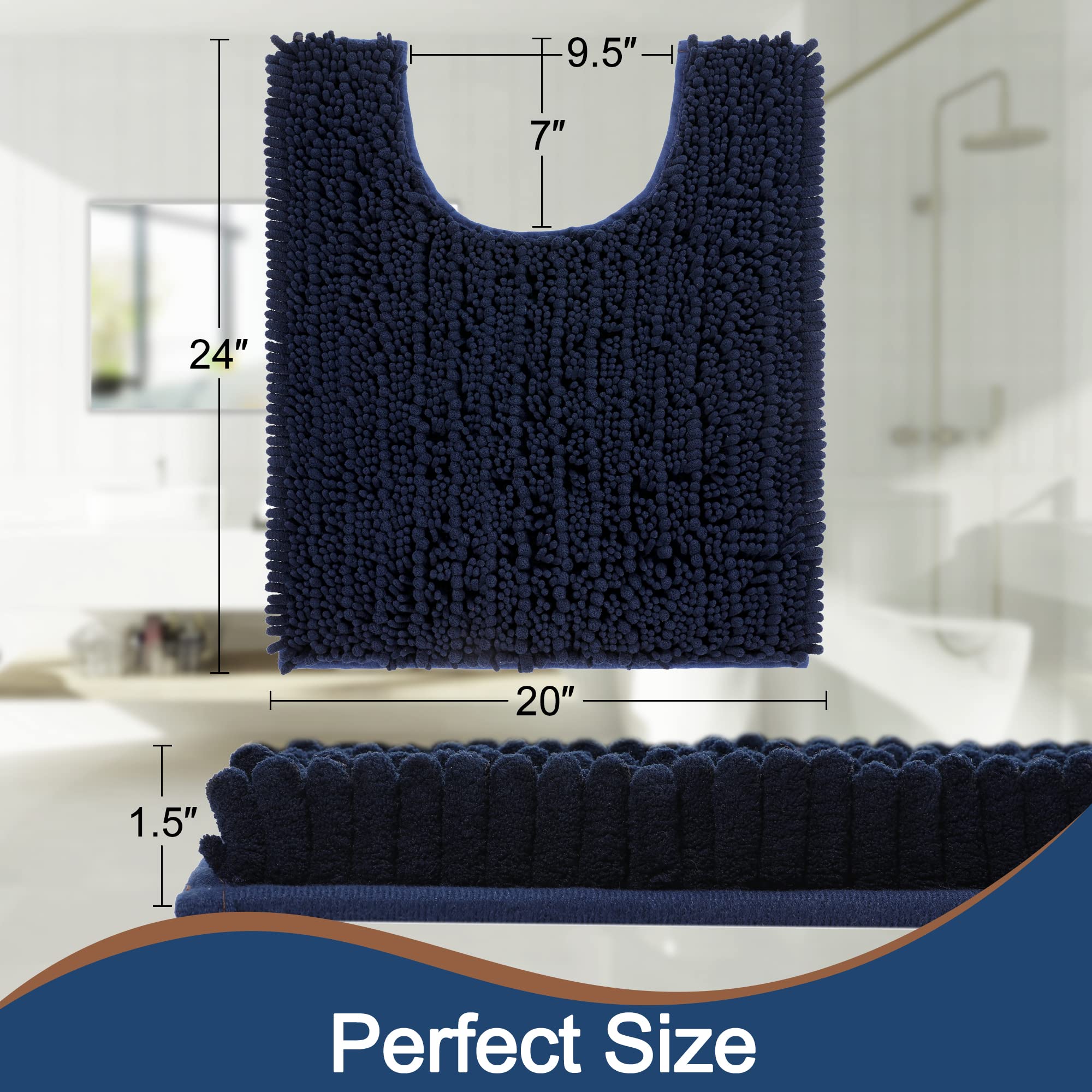 FLOLEOPA Non-Slip Bathroom Contour Rug - 24x20 Inch Navy Blue Microfiber Shaggy Bath Mat | Water Absorbent, Machine Washable U-Shaped Toilet Rug for Bathroom Safety & Comfort | Perfect for Bathroom Floor, Shower & Toilet Area