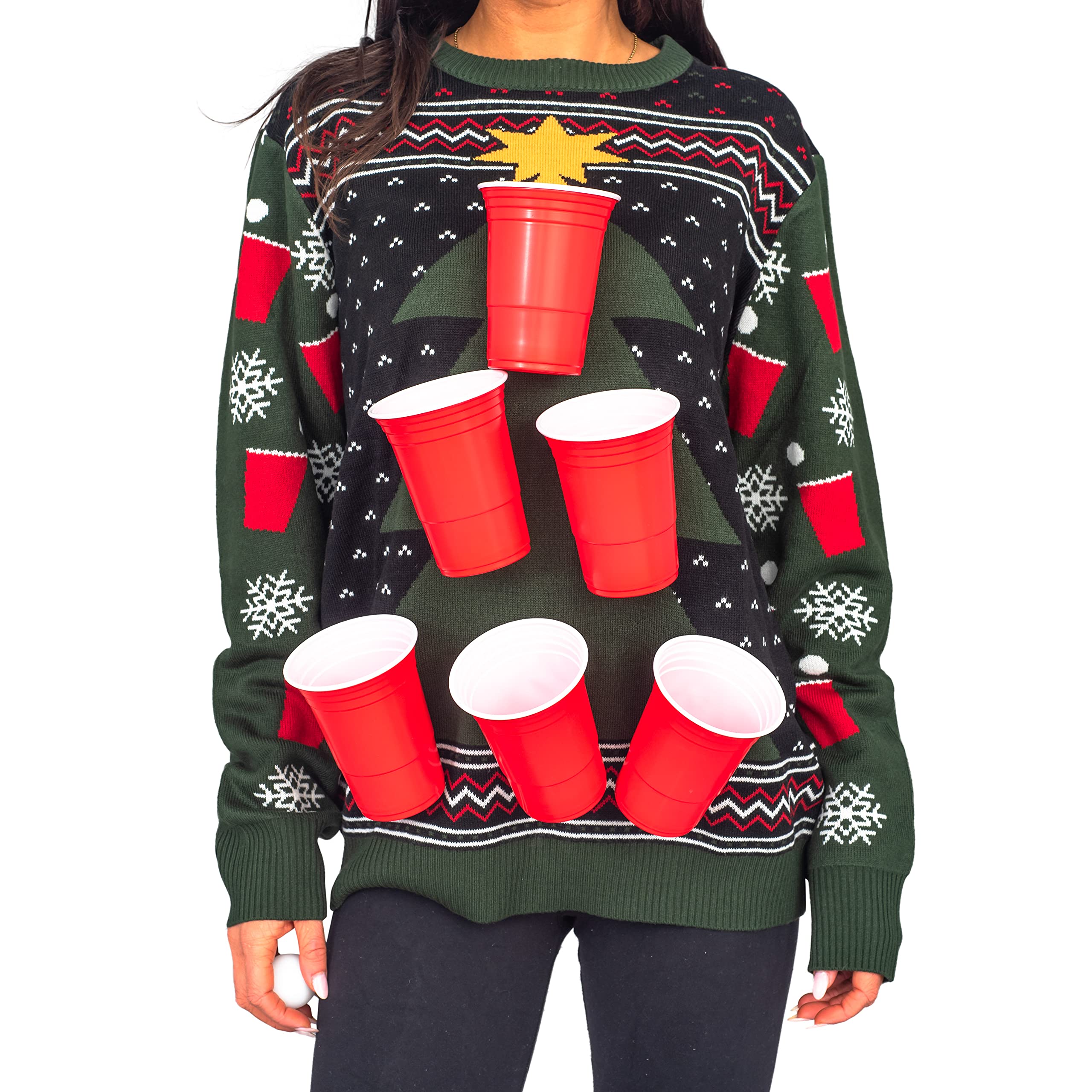 3D Beer Pong Ugly Christmas Sweater - Funny Holiday Party Outfit for Xmas Pub Crawl & Festive Gatherings