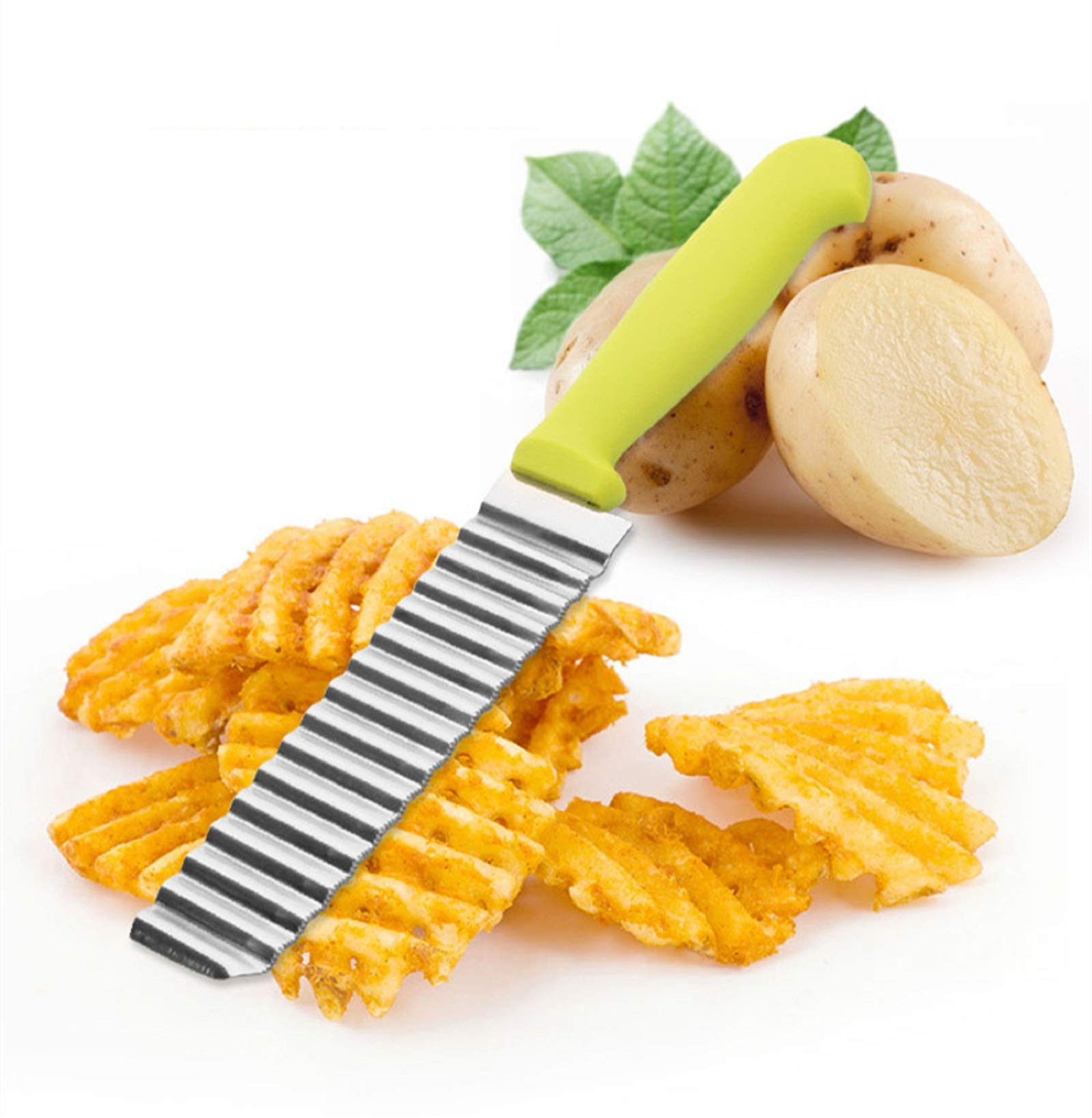 Stainless Steel Potato Chopper & French Fry Slicer - Wave Blade Crinkle Cutter for Potatoes, Cucumbers, Carrots - Non-Slip Handle - Perfect for Meal Prep, Snacks & Party Food (Green)
