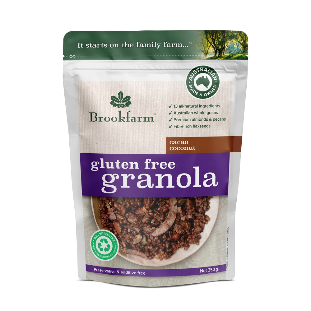 Brookfarm Gluten Free Cacao Coconut Granola - Healthy Breakfast Cereal for Vegan, Keto & Paleo Diets - Perfect for Smoothie Bowls, Yogurt Toppings & Snacking