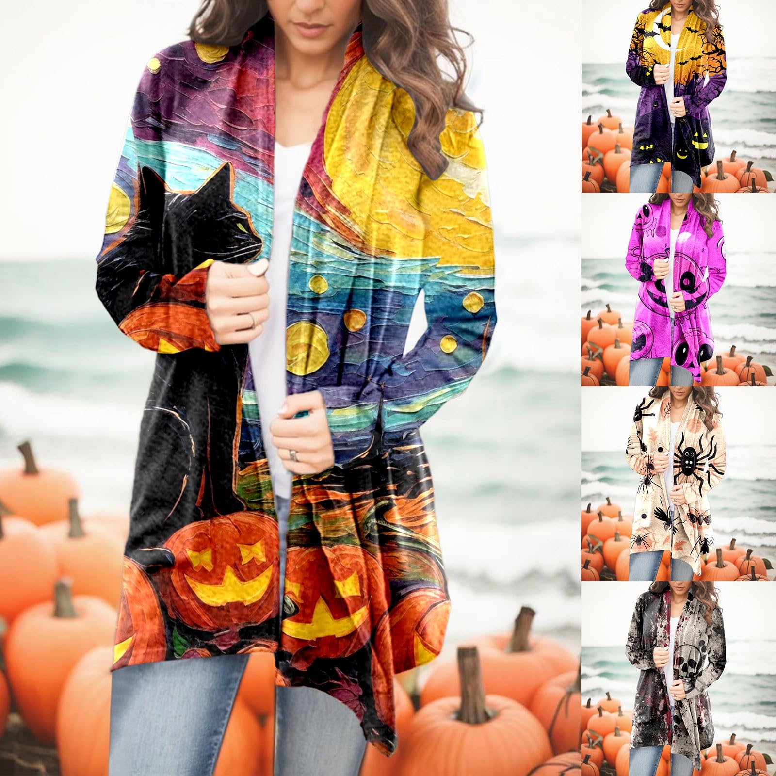 2024 Women's Halloween Cardigan - Autumn Long Sleeve Knit Sweater with Graphic Print | Cozy Fall Outwear for Halloween Parties, Pumpkin Patch Visits & Spooky Season Fashion