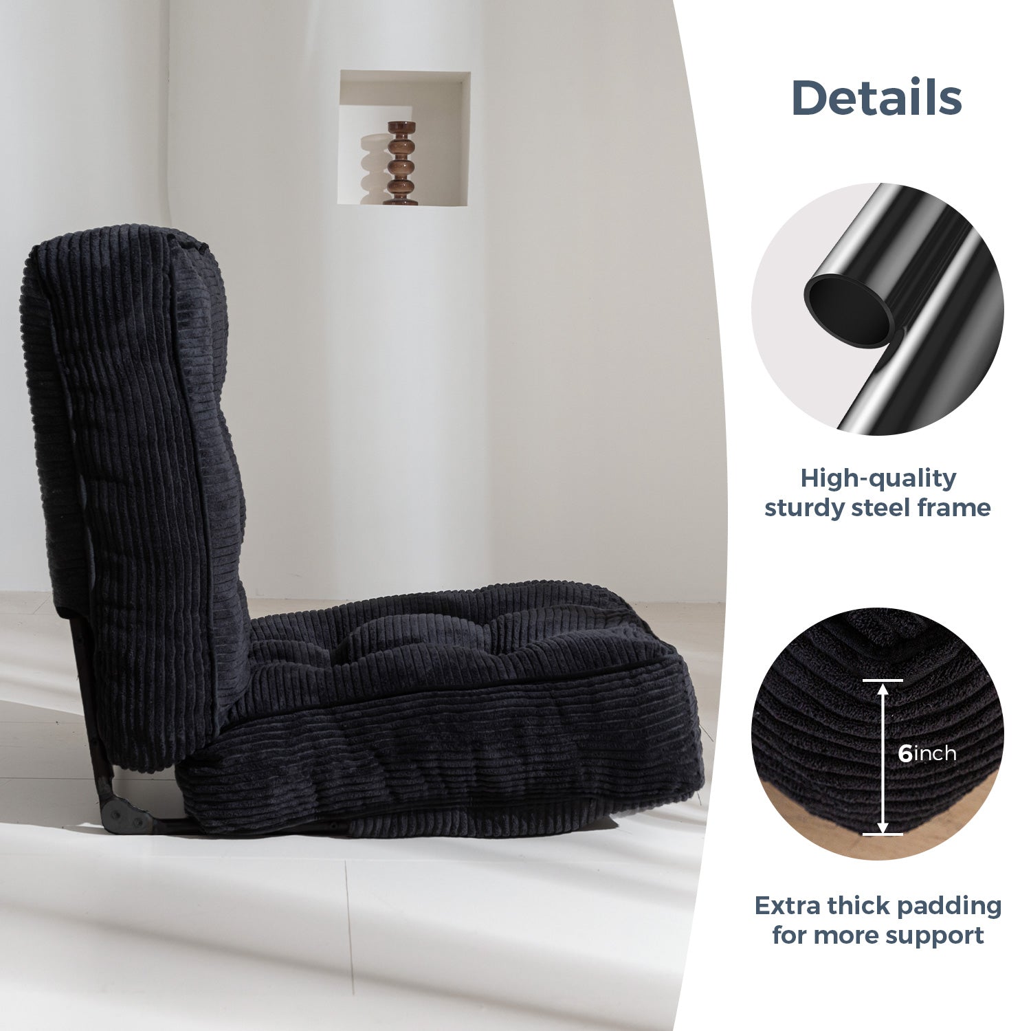MAXYOYO Adjustable Floor Chair with Lumbar Support - Ergonomic Gaming & Meditation Seat for Adults - Comfortable Black Floor Cushion for Living Room, Bedroom & Office Use