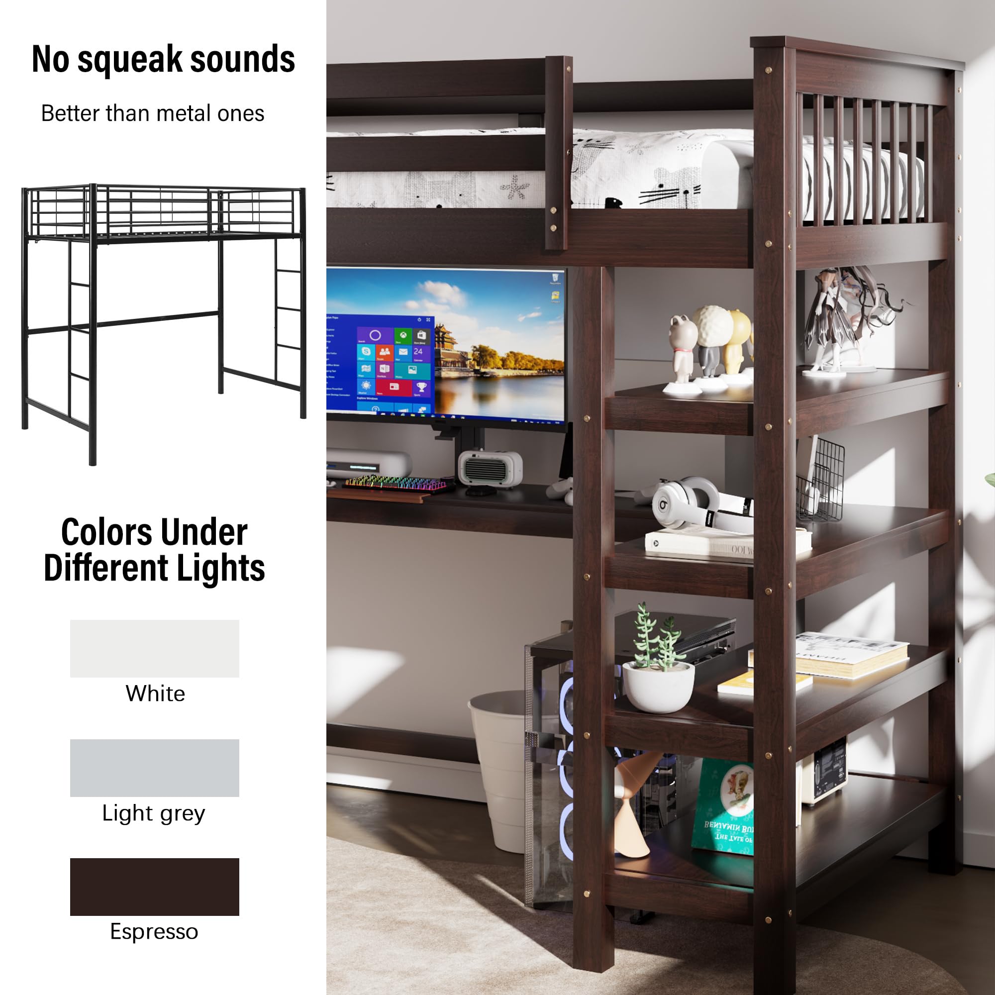 Merax Twin Size Wood Loft Bed with Desk & Shelves - Space-Saving Study Bed with Storage & Under-Bed Workspace in Espresso Finish - Perfect for Small Bedrooms, Dorm Rooms & Kids' Rooms