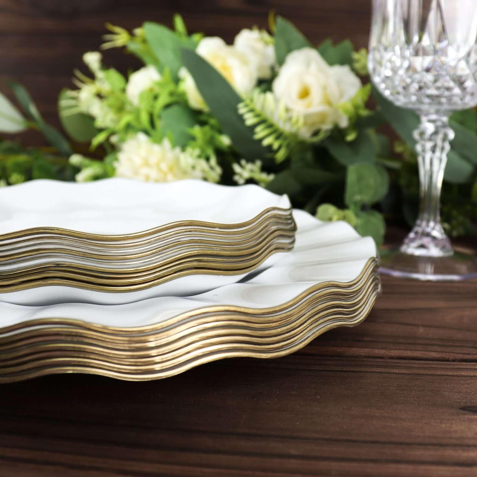Efavormart 10-Pack White 9-Inch Round Plastic Dessert Plates with Gold Wavy Rim - Disposable Salad & Appetizer Plates for Weddings, Parties, Banquets, Holiday Dining, Picnics & Outdoor Events