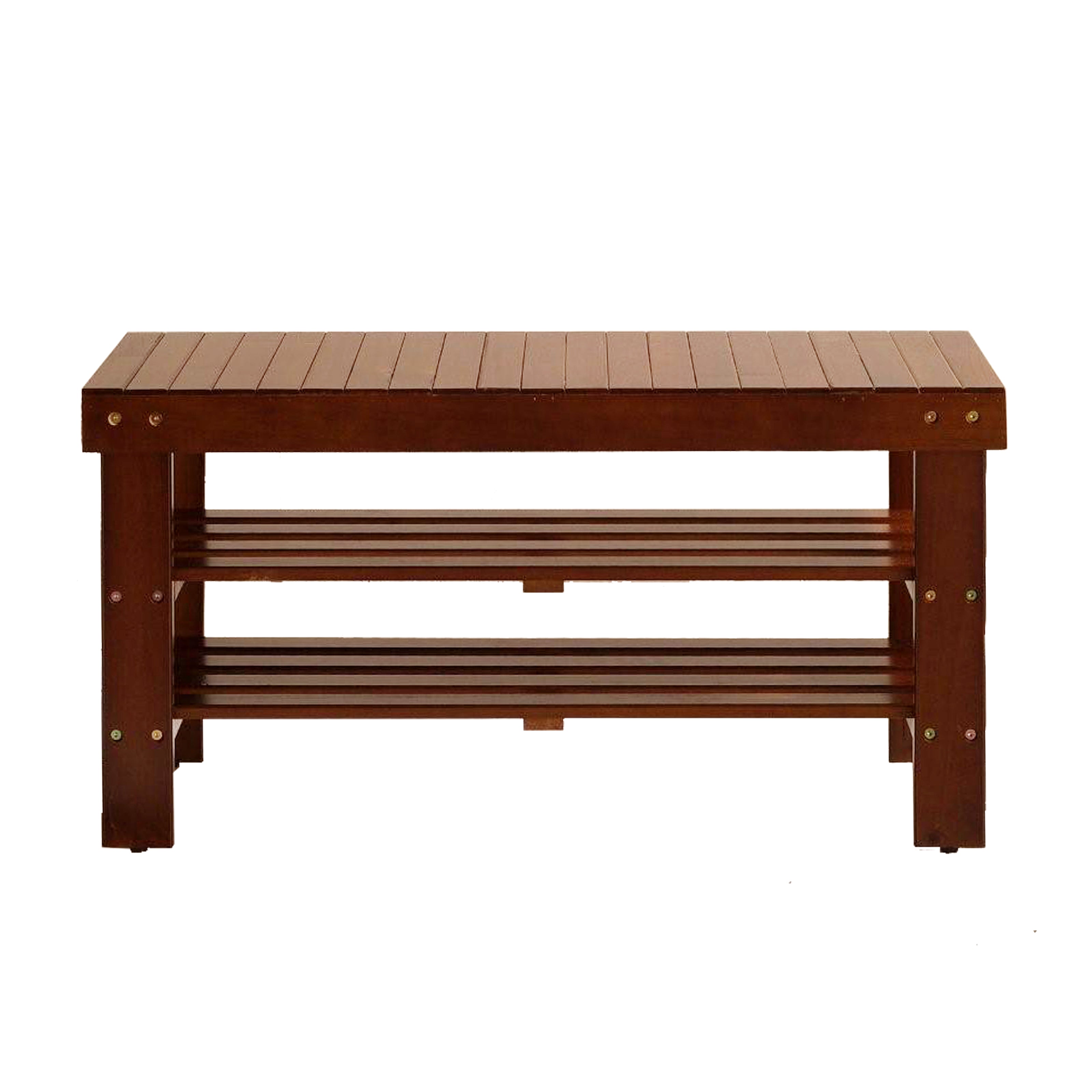 Roundhill Furniture Pina Solid Wood Shoe Bench with Storage - Cherry Finish - Entryway Organizer for Hallway, Bedroom & Mudroom