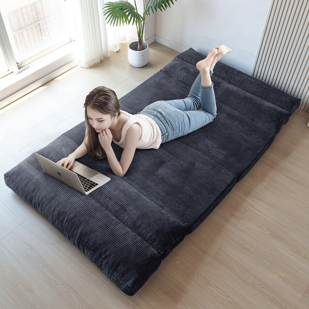 MAXYOYO Folding Sofa Bed - Extra Wide Corduroy Floor Sofa for Small Spaces, Dark Grey | Convertible Guest Bed & Lounge Chair for Apartments, Dorms & Living Rooms