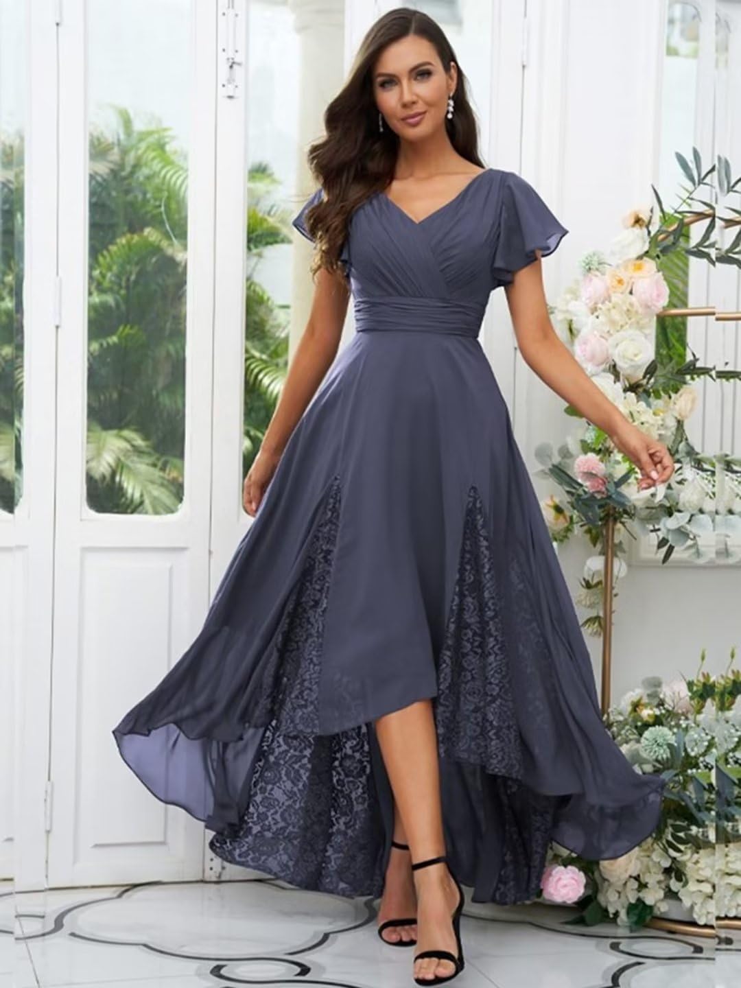 Elegant Tea-Length Mother of the Bride Dress - Lace & Chiffon Sleeved Wedding Guest Gown for Formal Occasions, Church Ceremonies & Special Events