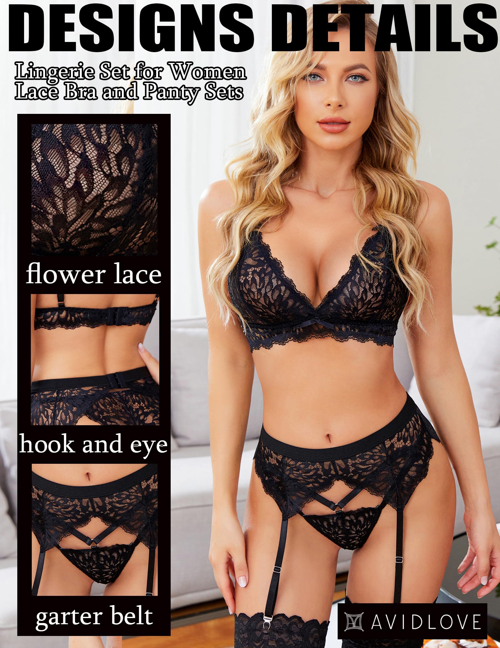 **Avidlove Women's 3-Piece Lace Lingerie Set - Sexy Garter Bra & Panty Set with Belt for Valentine's Day & Boudoir Photography**    *(Use for romantic occasions, bridal showers, honeymoons, or intimate photoshoots.)*