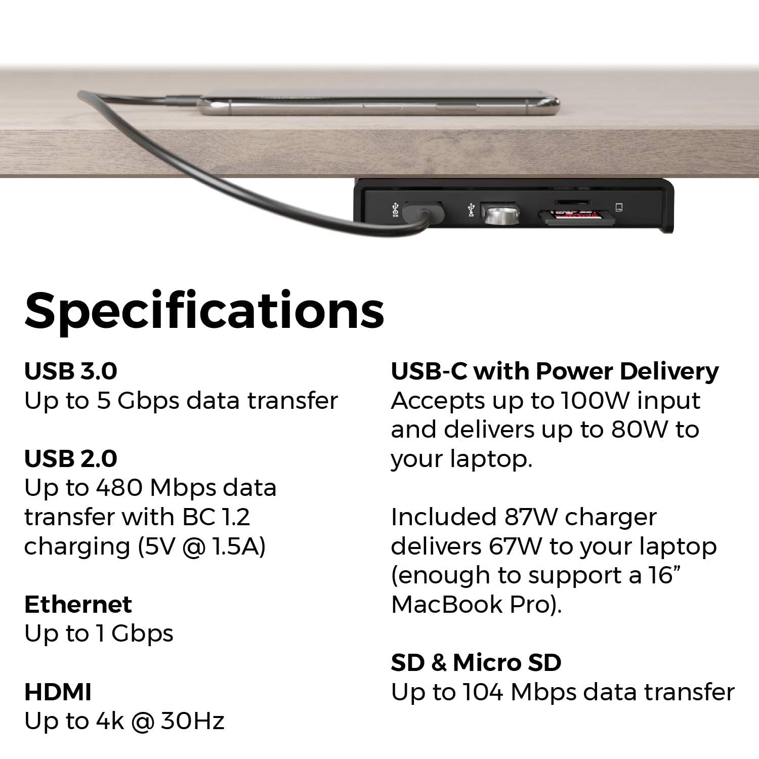 HumanCentric USB C Laptop Docking Station - 4K HDMI, Gigabit Ethernet, 3 USB-A Ports, SD/Micro SD Card Reader, 87W Power Delivery - Under Desk Mount for Cable Management | Perfect for Home Office, Remote Work & Workspace Organization