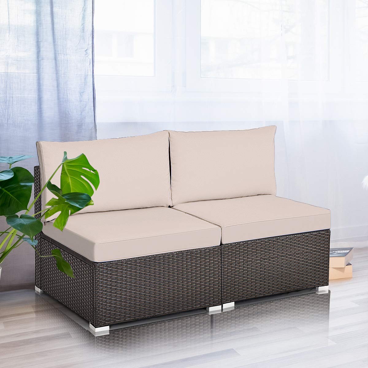 Tangkula 2-Piece Outdoor Wicker Armless Sofa Set with Thick Cushions - Patio Rattan Sectional Furniture for Balcony, Garden, Poolside & Backyard Relaxation (Black)