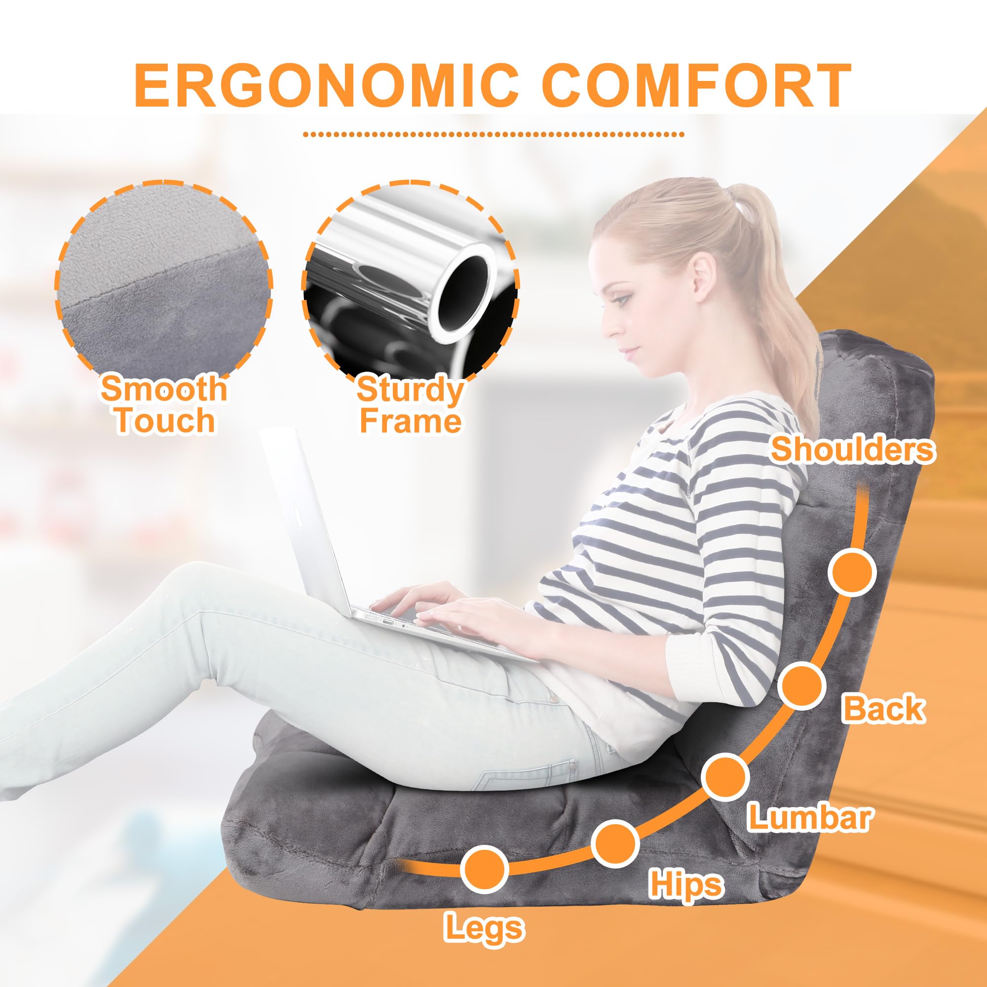 14-Position Adjustable Folding Floor Chair with Cushion - Ergonomic Gaming Sofa & Reclining Bed for Living Room - Perfect for Reading, Gaming, Watching TV, and Relaxing at Home or Dorm